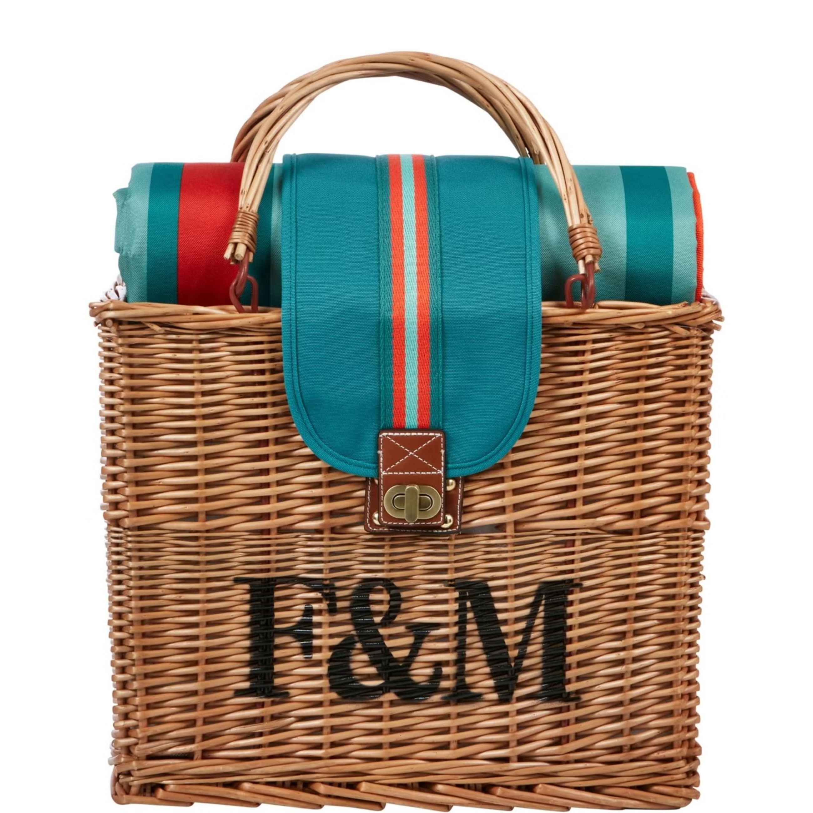 Fortnum &amp; Mason, Hamper Tote in vimini intrecciato a mano e dettagli in tela e pelle