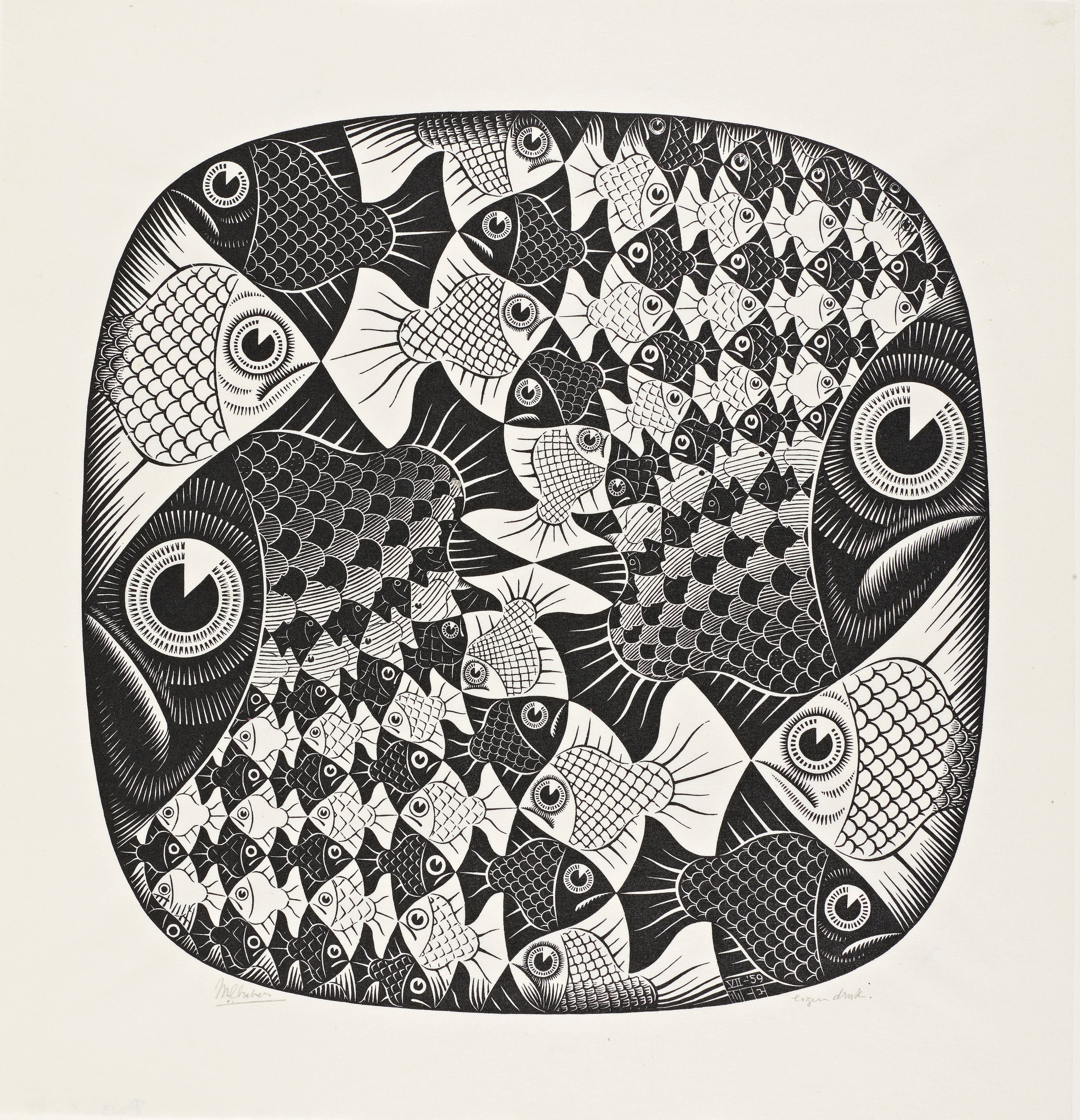 M.C. Escher, Pesci e squame, 1959, Tecnica: xilografia, Dimensioni (senza cornice): cm 47,8 x 45,2, L’Aia, Kunstmuseum Den Haag
All M.C. Escher works © 2025 The M.C. Escher Company. All rights reserved. www.mcescher.com
Courtesy Press Office