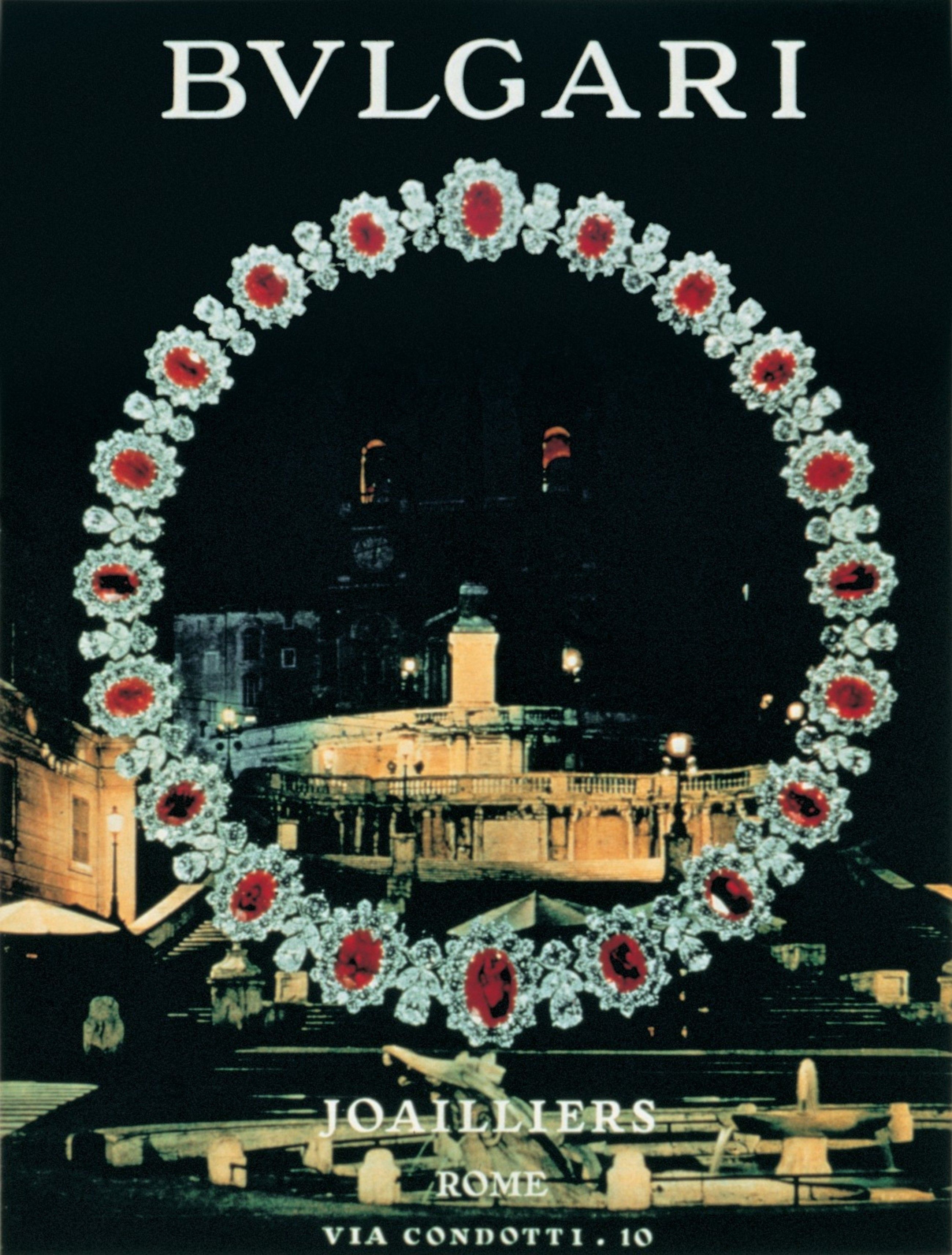 Campagna pubblicitaria: Sfondo con vedute di Roma (Scalinata di Trinità dei Monti), 1960-1965, Robert Emmett Bright (inclusa una collana in platino con rubini e diamanti, 1960) – Archivi Storici Bvlgari