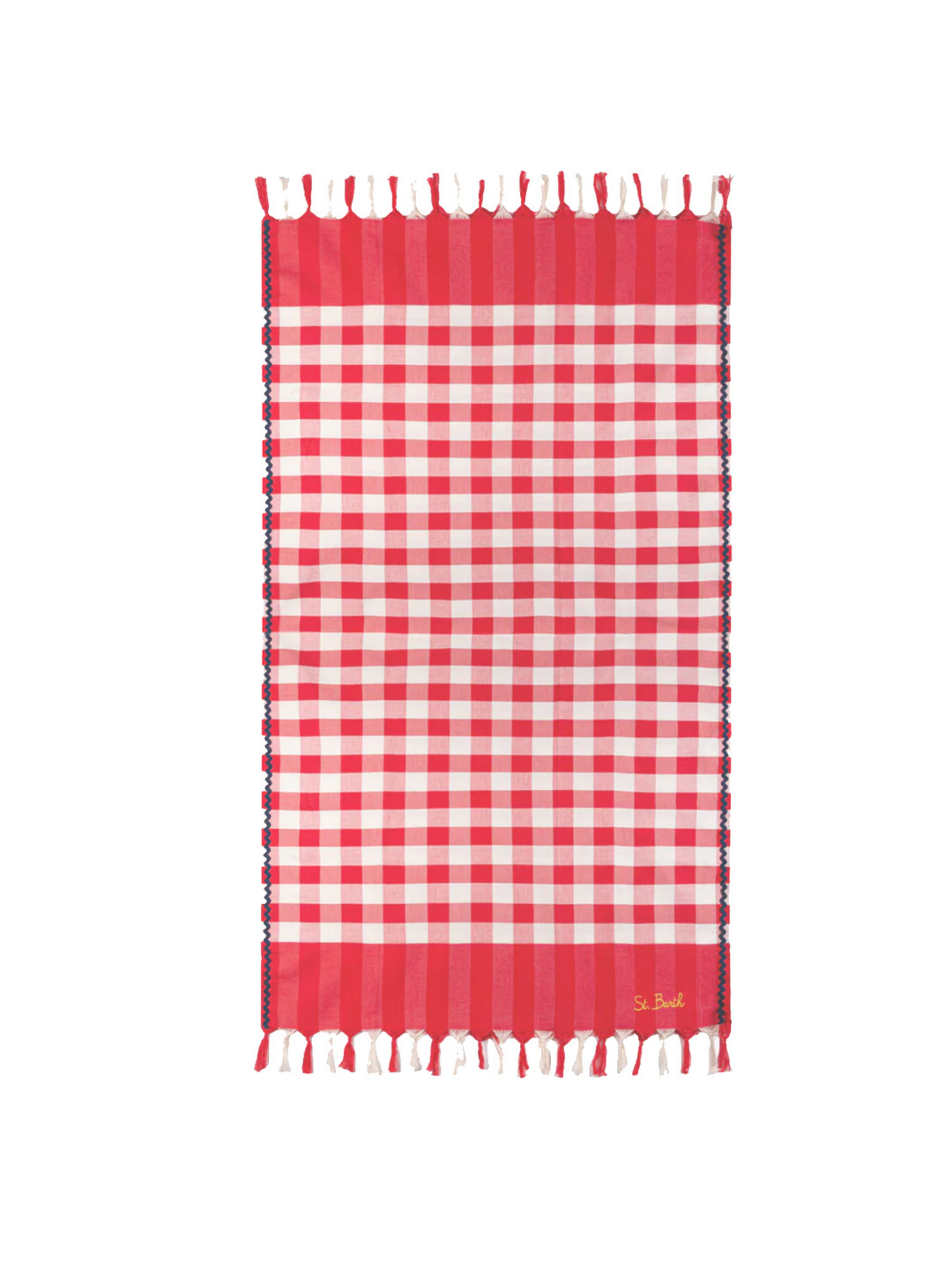 MC2 Saint Barth Fouta con rifiniture a onde blu navy e stampa Vichy SS25 - Credits: Dal sito ufficiale del brand MC2 Saint Barth: www.mc2saintbarth.com