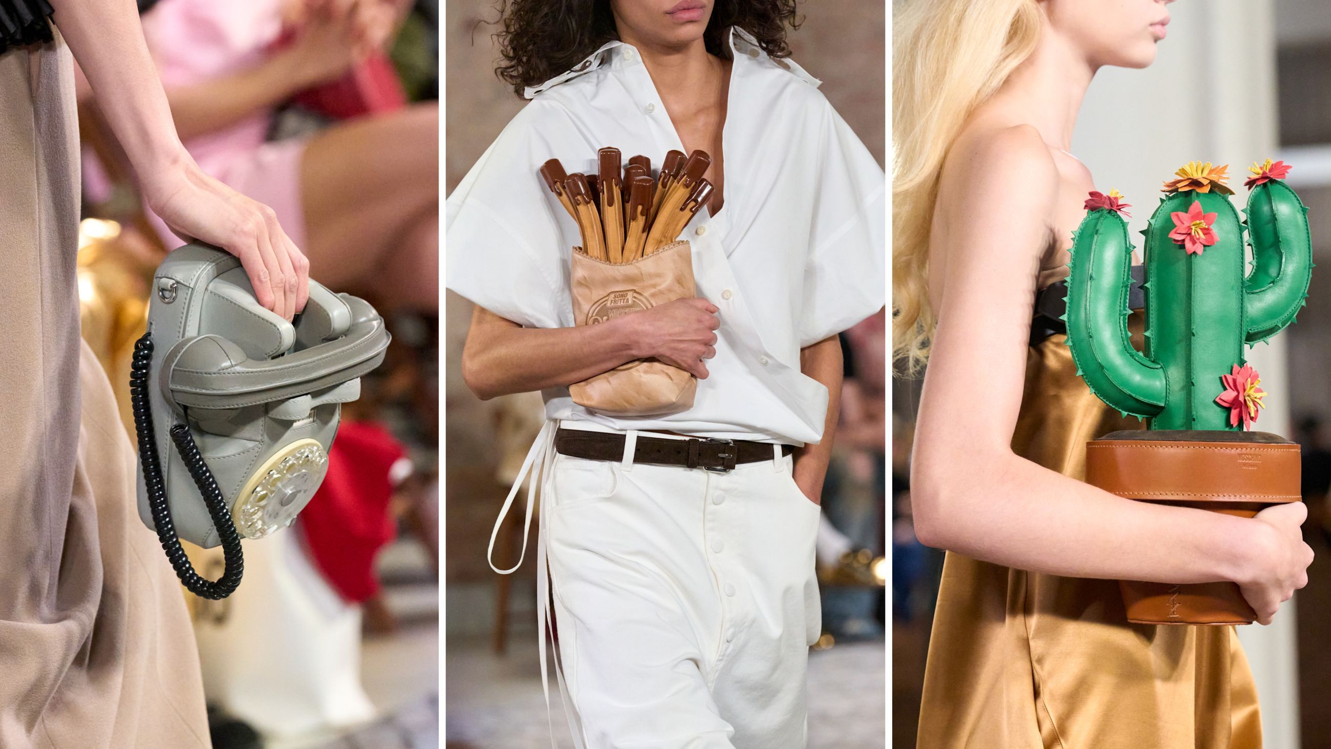 Alcune delle Item-bag portate in passerella da Adrian Appiolaza per la collezione FW2627 di Moschino, che rispecchiano appieno lo spirito ironico del marchio - Credits: Launchmetrics.com/Spotlight