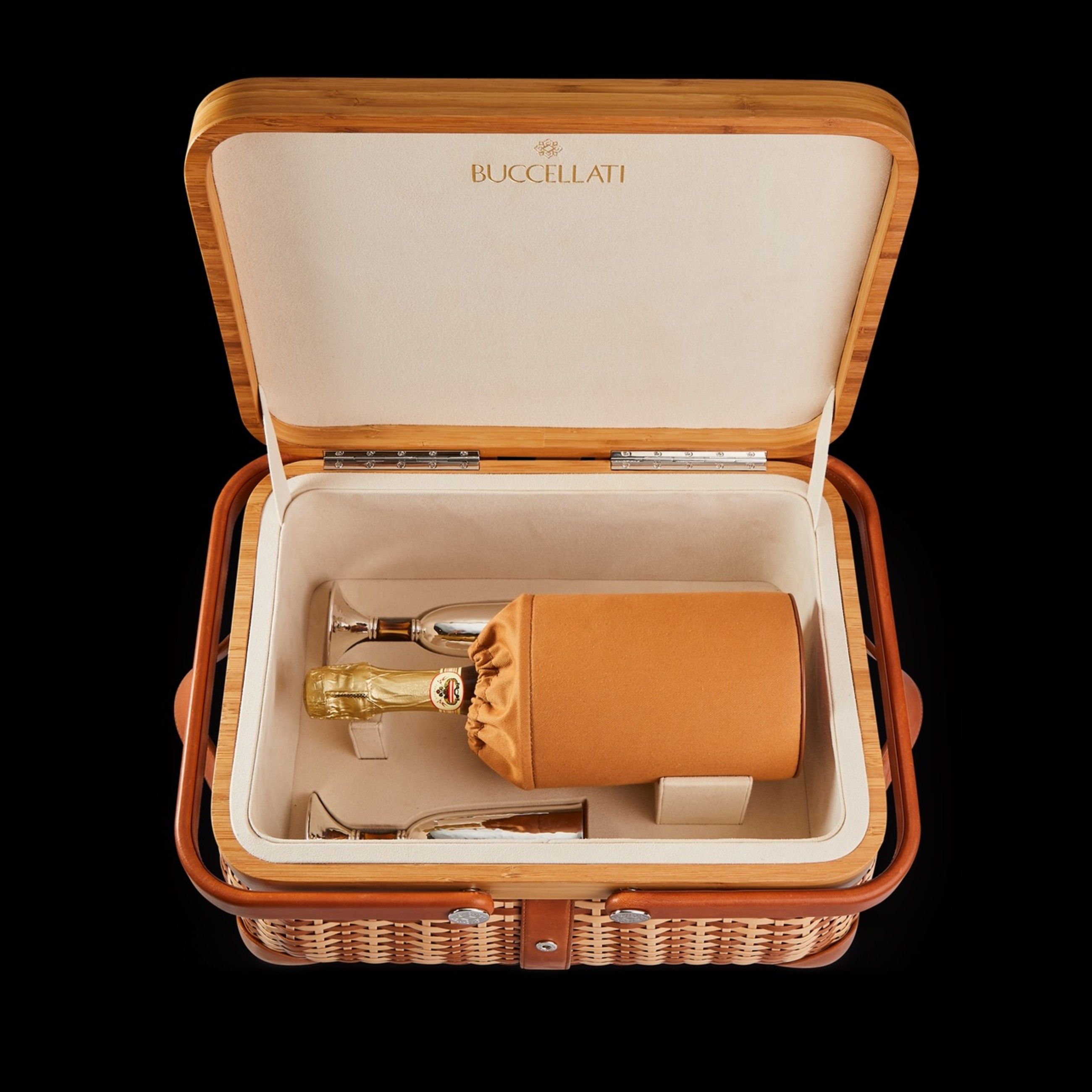 Tahiti Picnic Set Champagne per due persone con intreccio in pelle, bordi in legno, due flute e borsa termica per lo champagne