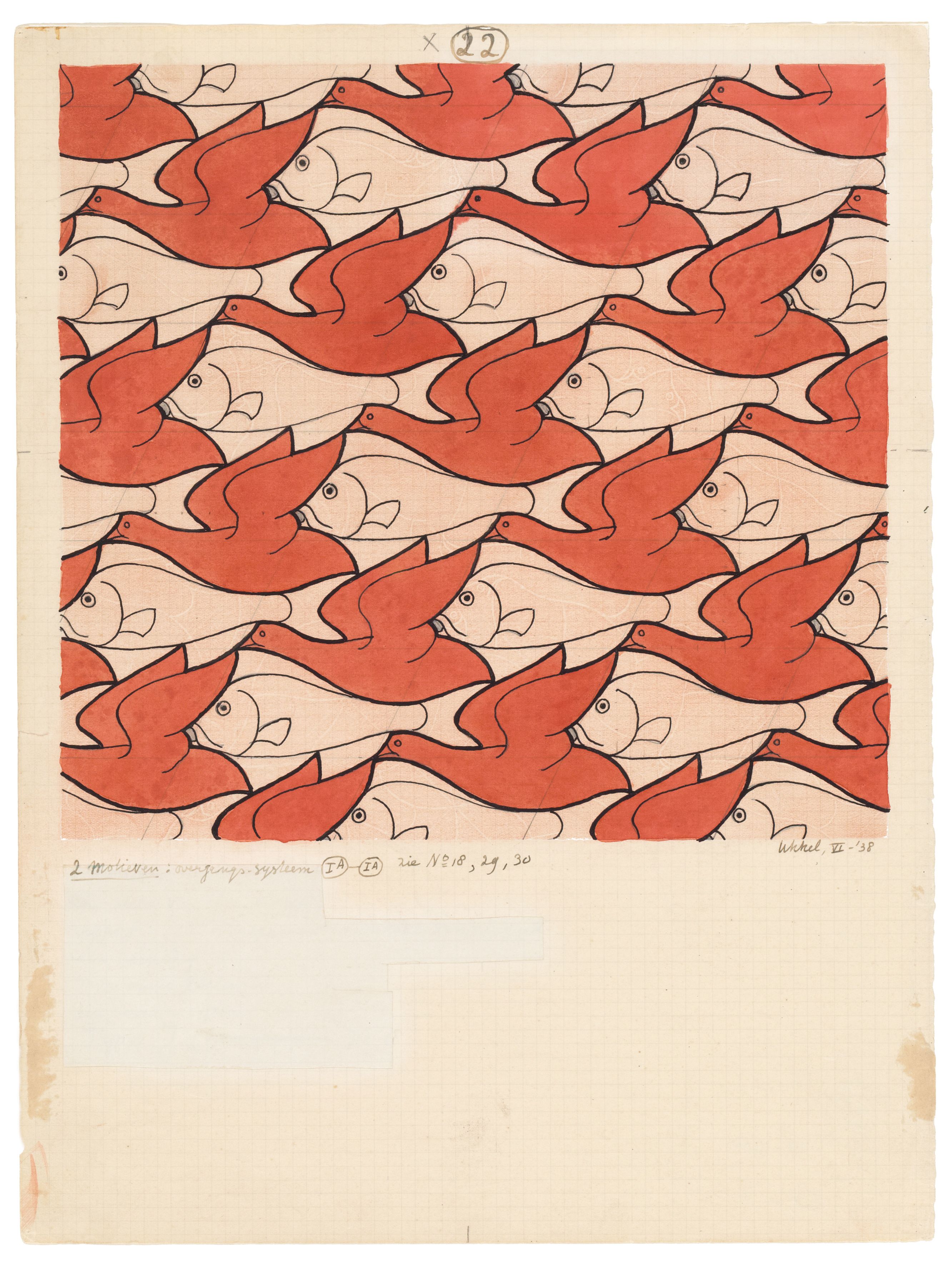 M.C. Escher, Divisione regolare del piano con uccelli e pesci, n. 22, 1938, Tecnica: matita colorata, china e acquerello su carta, Dimensioni (senza cornice): cm 35,9 x 27, L’Aia, Kunstmuseum Den Haag, All M.C. Escher works © 2025 The M.C. Escher Company. All rights reserved. www.mcescher.com
Courtesy Press Office