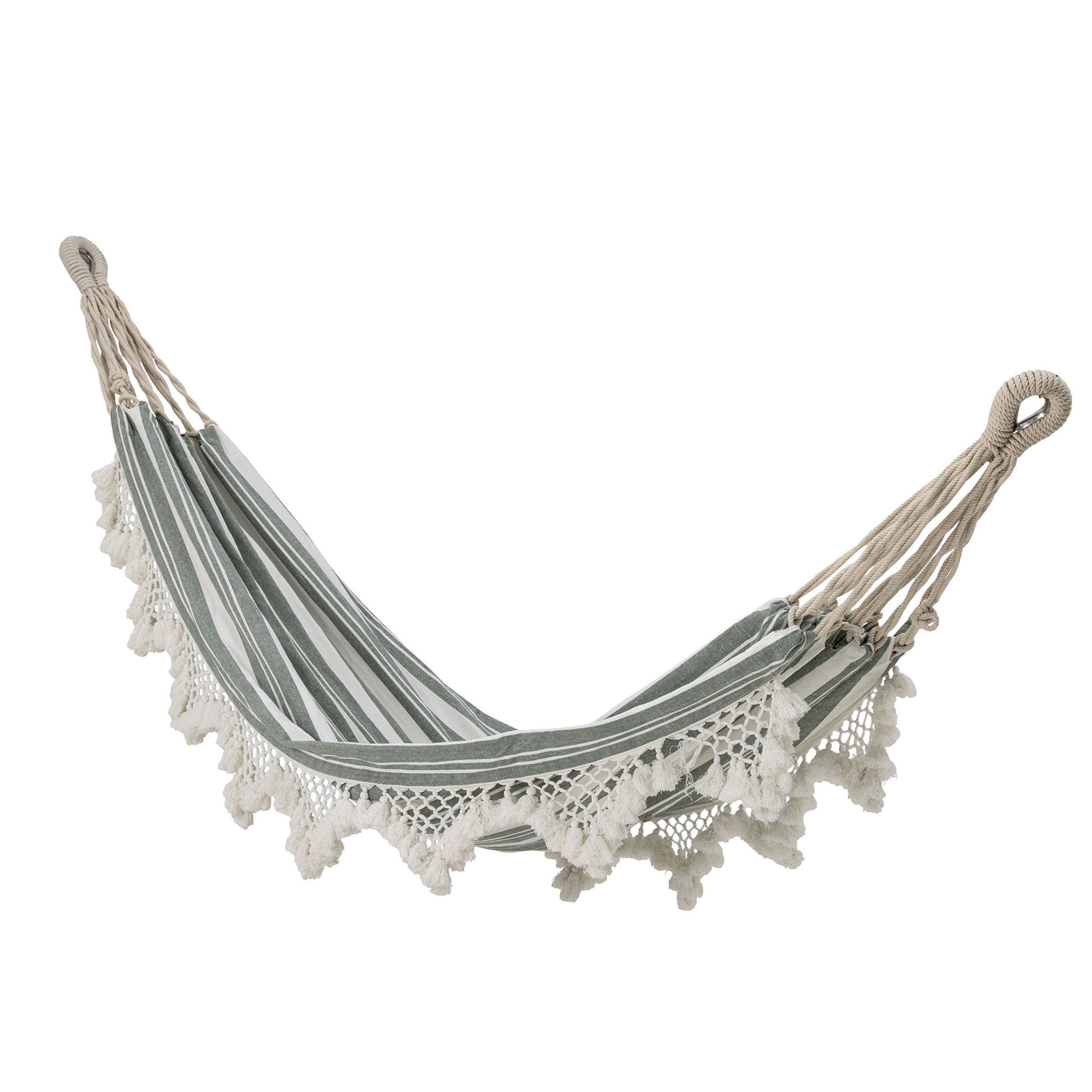 Cruz di Bloomingville seduce con il suo spirito bohémien: righe verdi e bianche, bordi in macramé e uno stile decorativo che non passa inosservato.