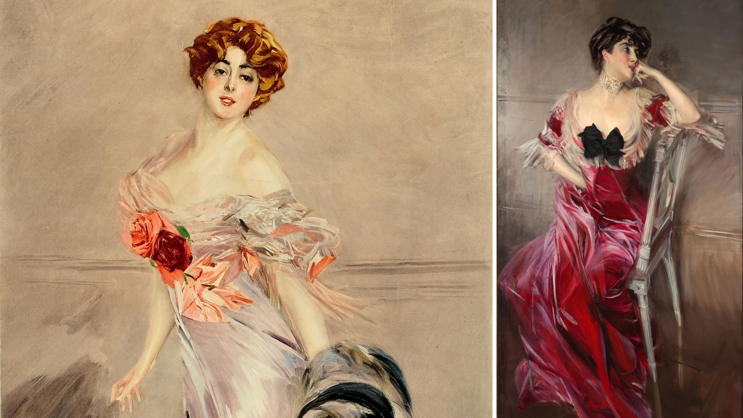 Del pittore italiano Giovanni Boldini: a sinistra Miss Bell, olio su tela, 1903, e a destra Ritratto di Marthe Régnier, olio su tela, 1907 – Credits: Getty Images