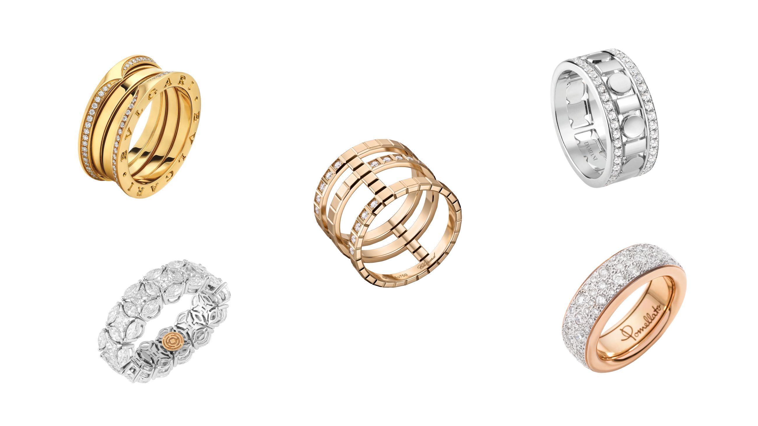 Da sinistra in basso e senso orario: anello Diade Full Pavé in oro bianco con diamanti taglio princess e marquise, Pisa Diamanti; anello B.zero1 in oro giallo e diamanti, Bvlgari; anello a tre fedine Ice Cube in oro rosa etico e diamanti, Chopard; anello Belle Époque Reel in orobianco e diamanti, Damiani;anello in oro rosa e diamanti bianchi, collezione Iconica, Pomellato - Credits: Ufficio Stampa
