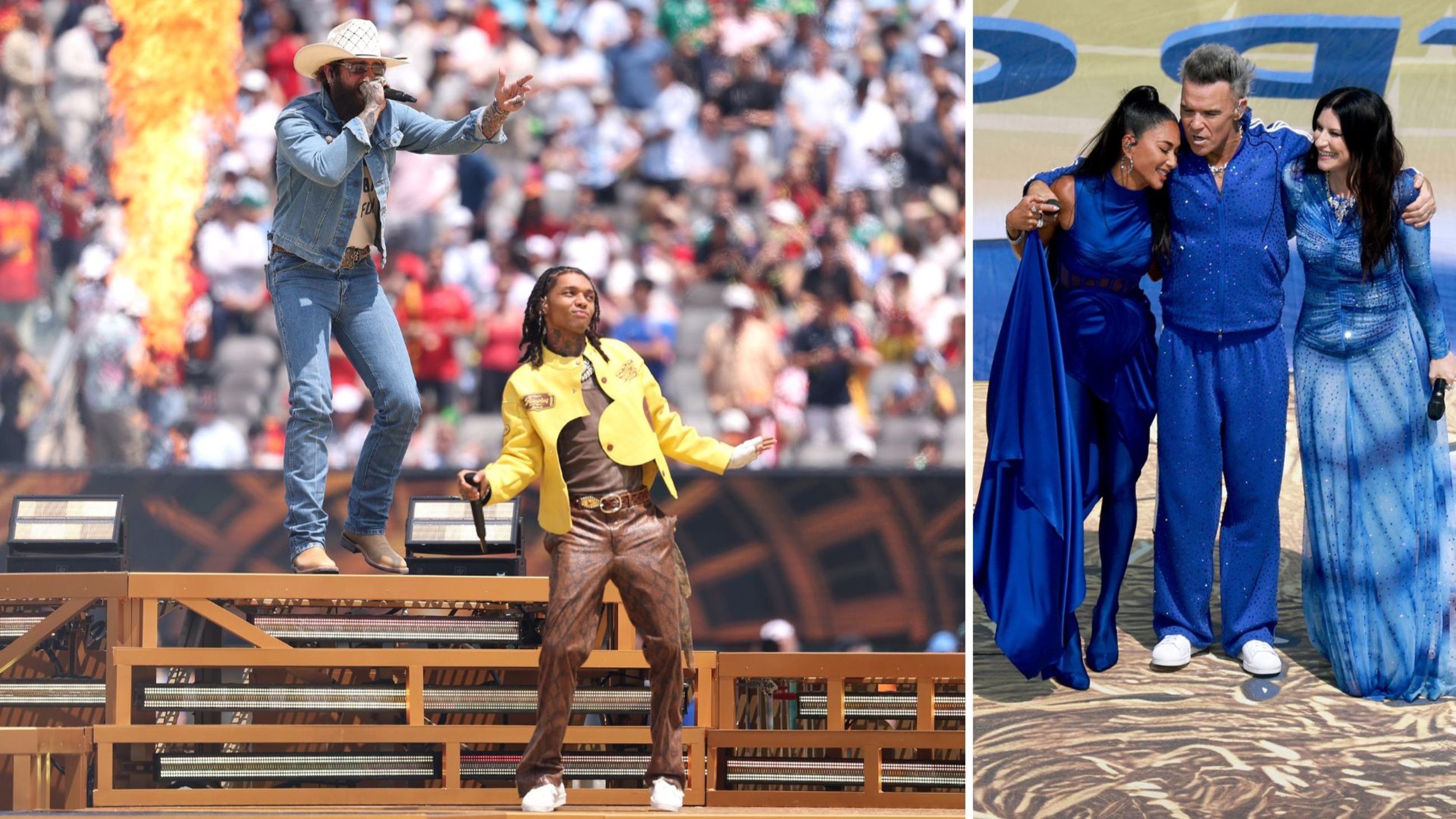 Post Malone e Swae Lee si esibiscono durante la cerimonia di chiusura prima della finale della Coppa del Mondo FIFA 2026 tra Spagna e Argentina al New York New Jersey Stadium, il 19 luglio 2026, a East Rutherford, nel New Jersey; Nicole Scherzinger, Robbie Williams e Laura Pausini si esibiscono prima della finale della Coppa del Mondo FIFA 2026 tra Spagna e Argentina al New York New Jersey Stadium, il 19 luglio 2026, a East Rutherford, nel New Jersey - Credits: Getty Images