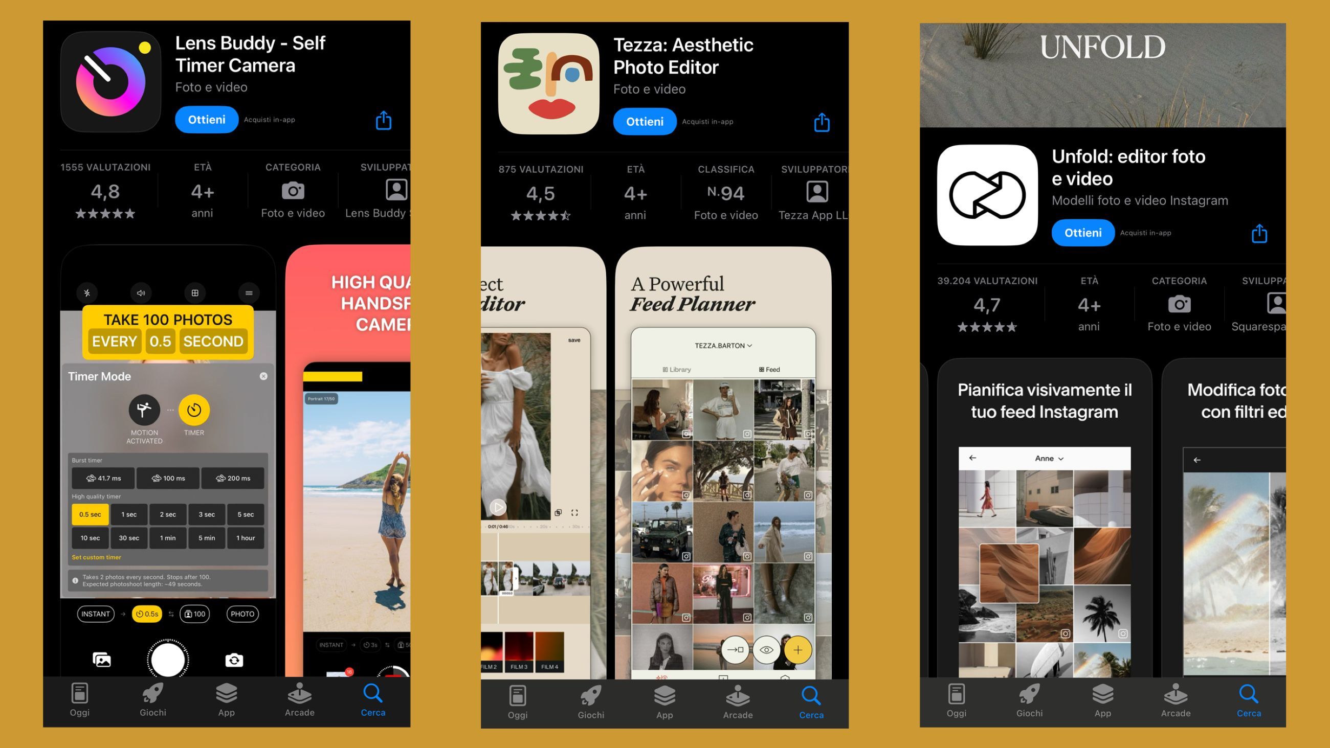 Le copertine delle app LensBuddy, Tezza e Unfold – Courtesy Press Office