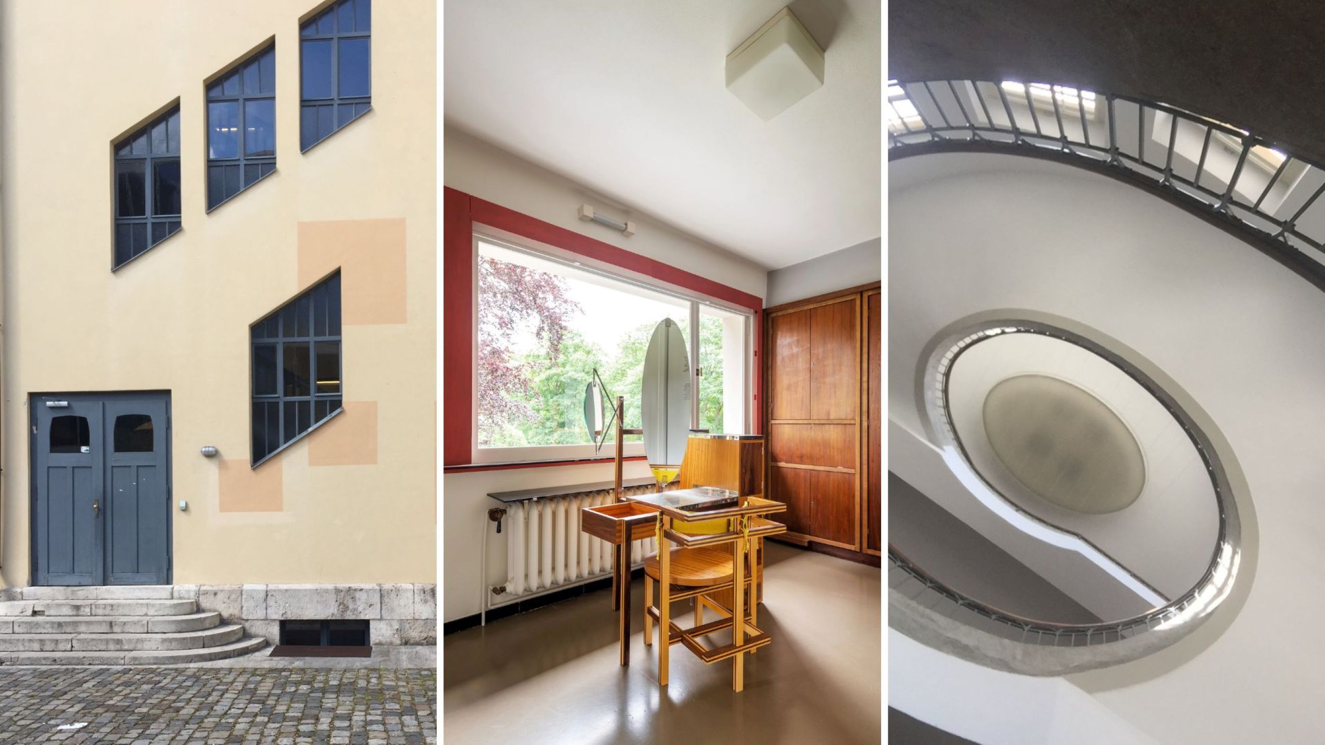 L’edificio Bauhaus-Universität Weimar progettato da Henry van de Velde tra il 1904 e il 1911; La scala principale dell'Università Bauhaus di Weimar; Il Bauhaus Museum Weimar sulla piazza Stéphane-Hessel-Platz, inaugurato nel 2019 - Credits: Courtesy Francesca Panzeri; Courtesy Bauhaus Museum Weimar 