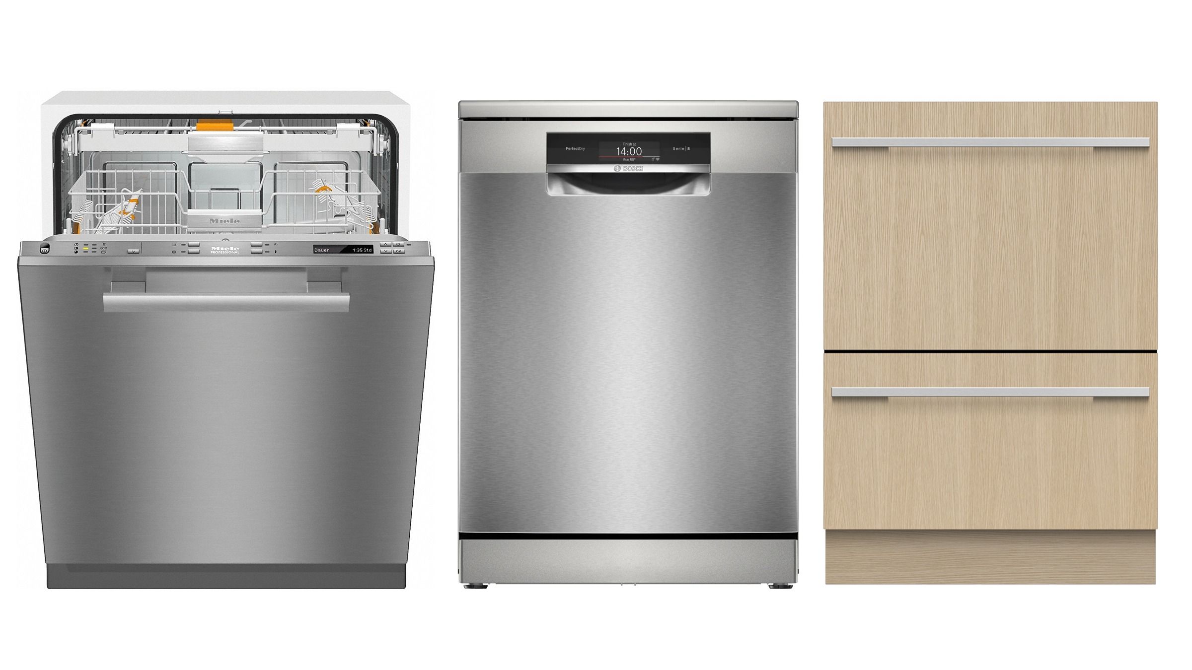Da sinistra: Miele ProfiLine PG 8133 – Bosh Serie 8 – Fisher & Paykel DishDrawer Series 11. Courtesy Press Office