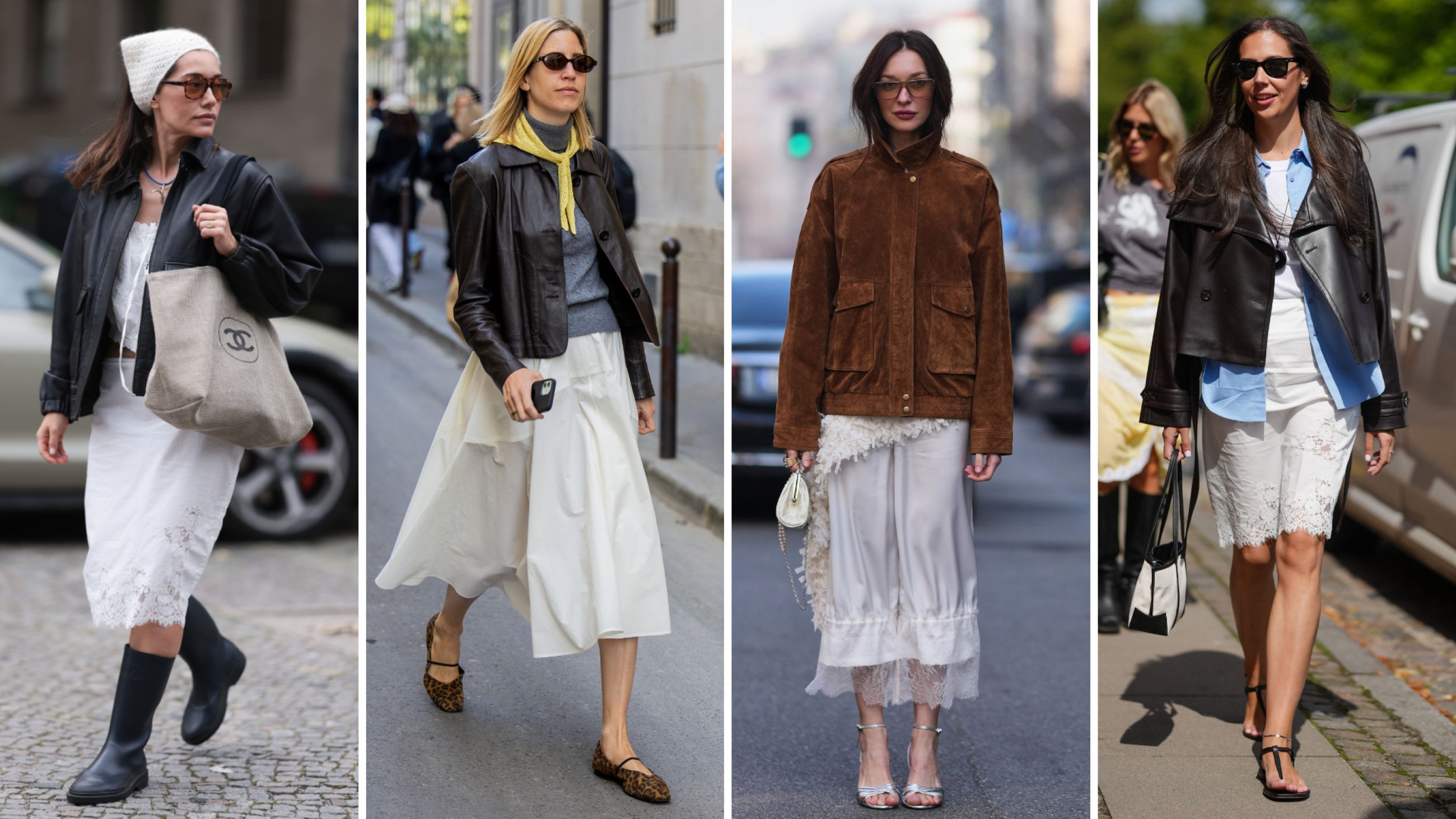 Gonna bianca con giacca di pelle: lo styling perfetto per il rientro in città durante la Primavera Estate 2026 della Paris Fashion Week; Street Style durante la Settimana della Moda di Milano - Donna Autunno/Inverno 2026/2027; Street Style durante la Copenhagen Fashion Week, 2025 - Credits Getty Images