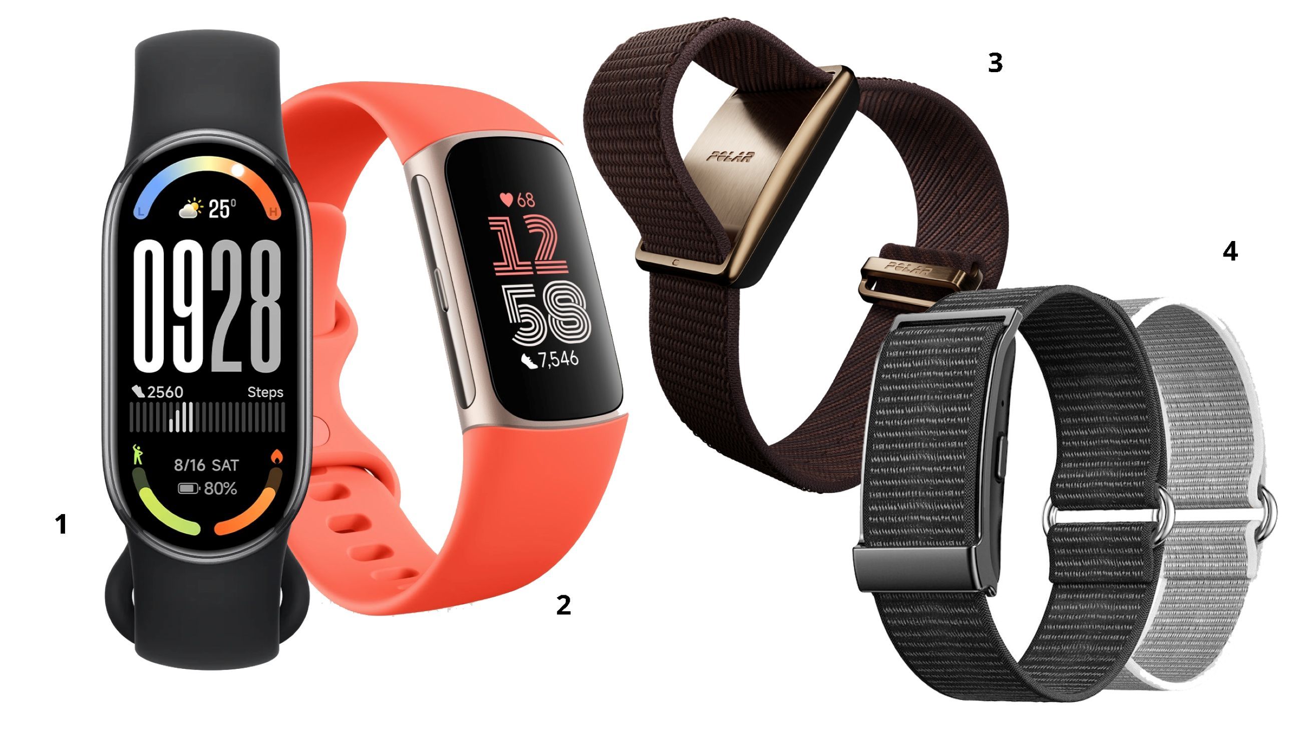1) Xiaomi Smart Band 10; 2) Fitbit Charge 6; 3) Polar Loop; 04) Nilox Onair - Credits: Courtesy Press Office
