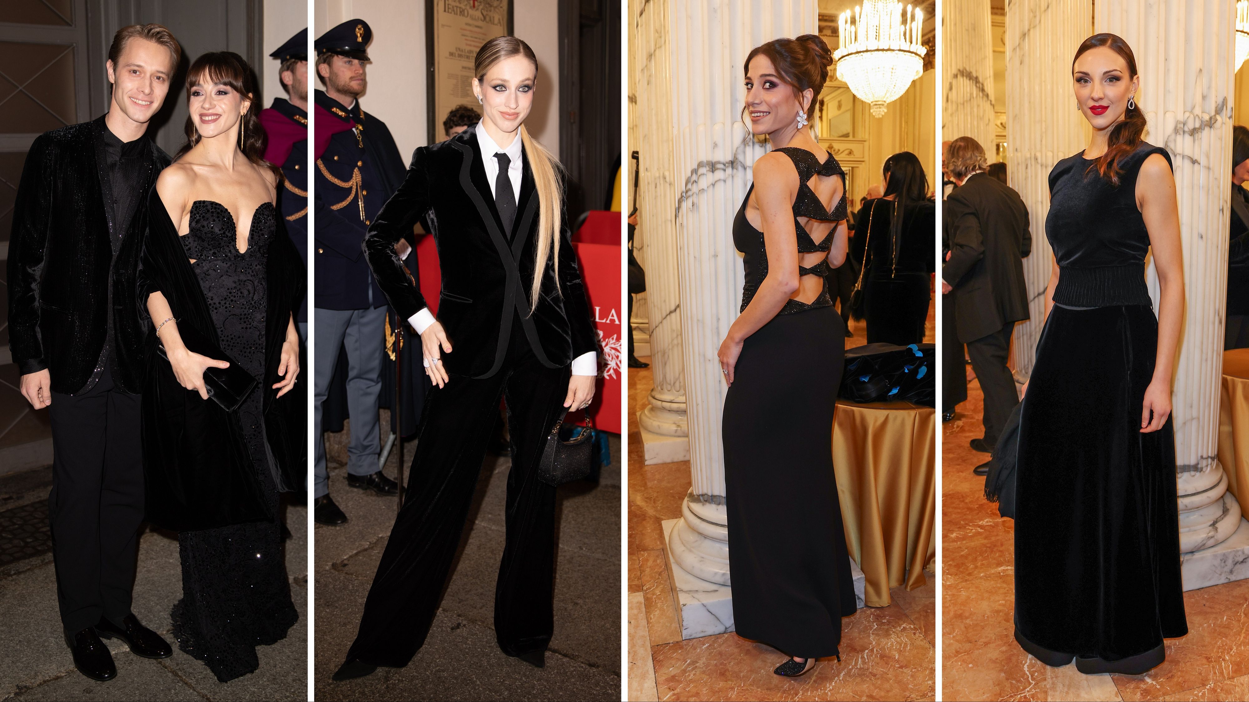 Da sinistra, l’Étoile del Teatro Alla Scala Nicoletta Manni insieme al marito, il ballerino lettone Timofej Andrijashenko; le Prime ballerine Virna Toppi, Alice Mariani e Martina Arduino. Le regine del balletto di Milano splendono in abiti Armani; Teatro Alla Scala, 7 dicembre 2025, Milano - Credits: Getty