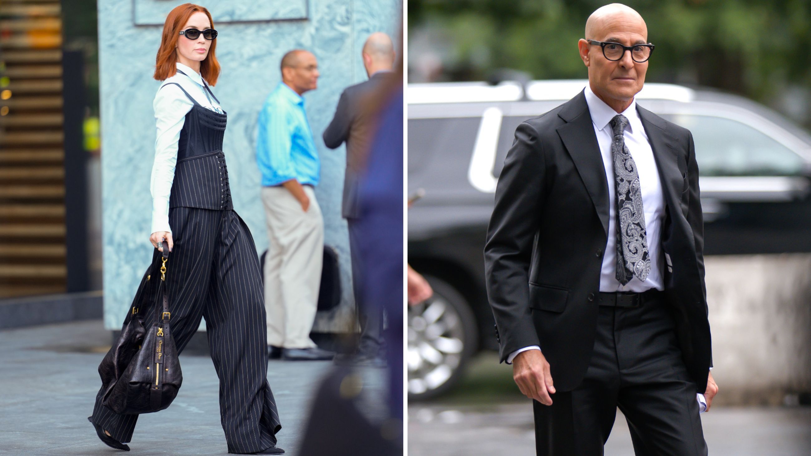 Da sinistra: Emily Blunt è stata fotografata sul set di "Il diavolo veste Prada 2" il 29 luglio 2025 a New York; Stanley Tucci è stato fotografato sul set di "Il diavolo veste Prada 2" a Central Park il 20 agosto 2025 a New York - Credits Getty Images