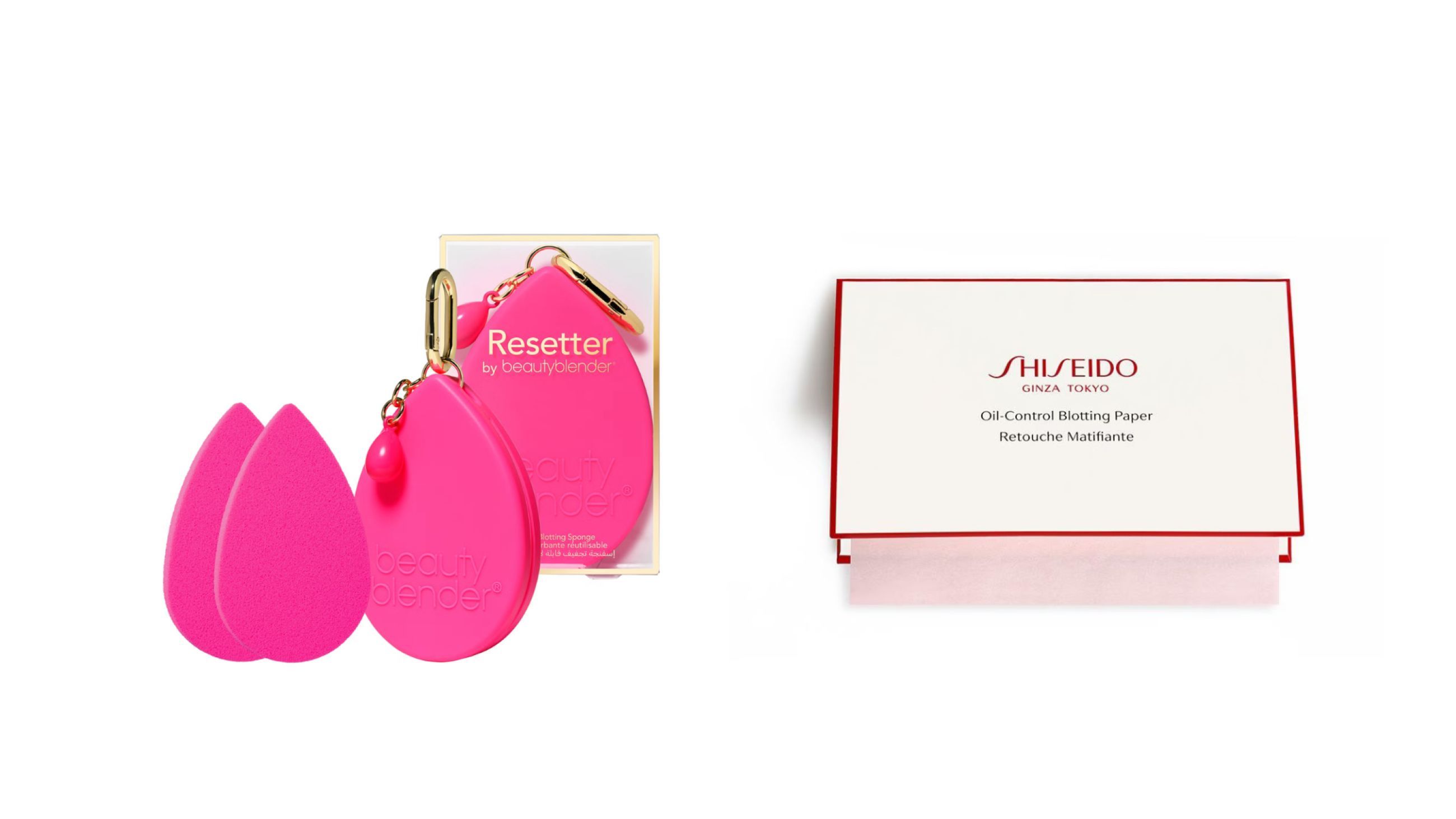 Da sinistra: Beauty Blender The Resetter; Shiseido, Oil-Control Blotting Paper - Courtesy Press Office