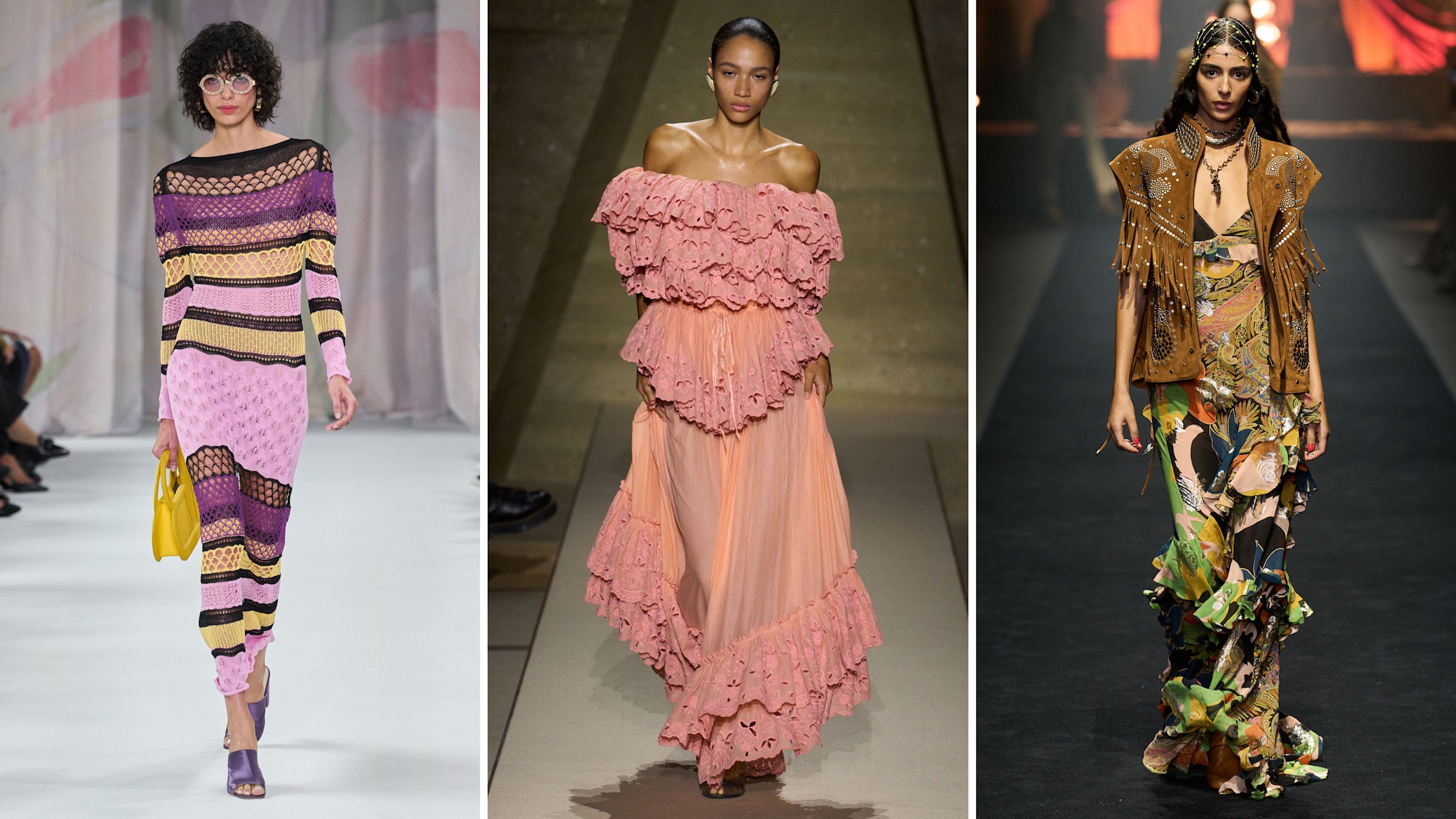 Dalle sfilate SS26: da sinistra look di Laura Biagiotti; Chloé; Etro - Credits: Launchmetrics.com/Spotlight
