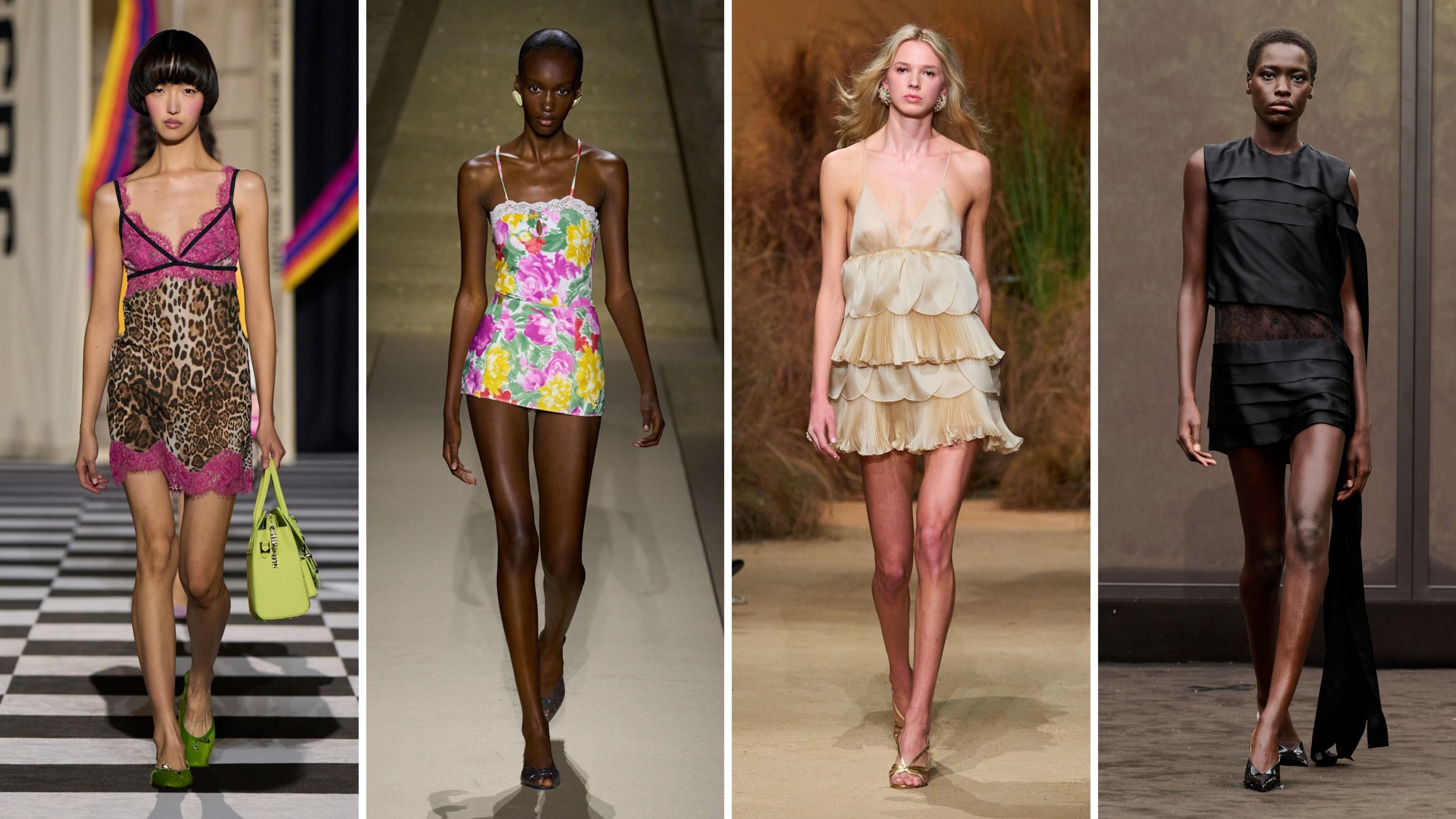 Lo slip dress in versione mini è un capo fresco e chic, perfetto per la fashioniste più audaci. Dalle passerelle PE26: da sinistra look GCDS; Chloé; Luisa Spagnoli; Ferragamo - Credits: Launchmetrics.com/Spotlight