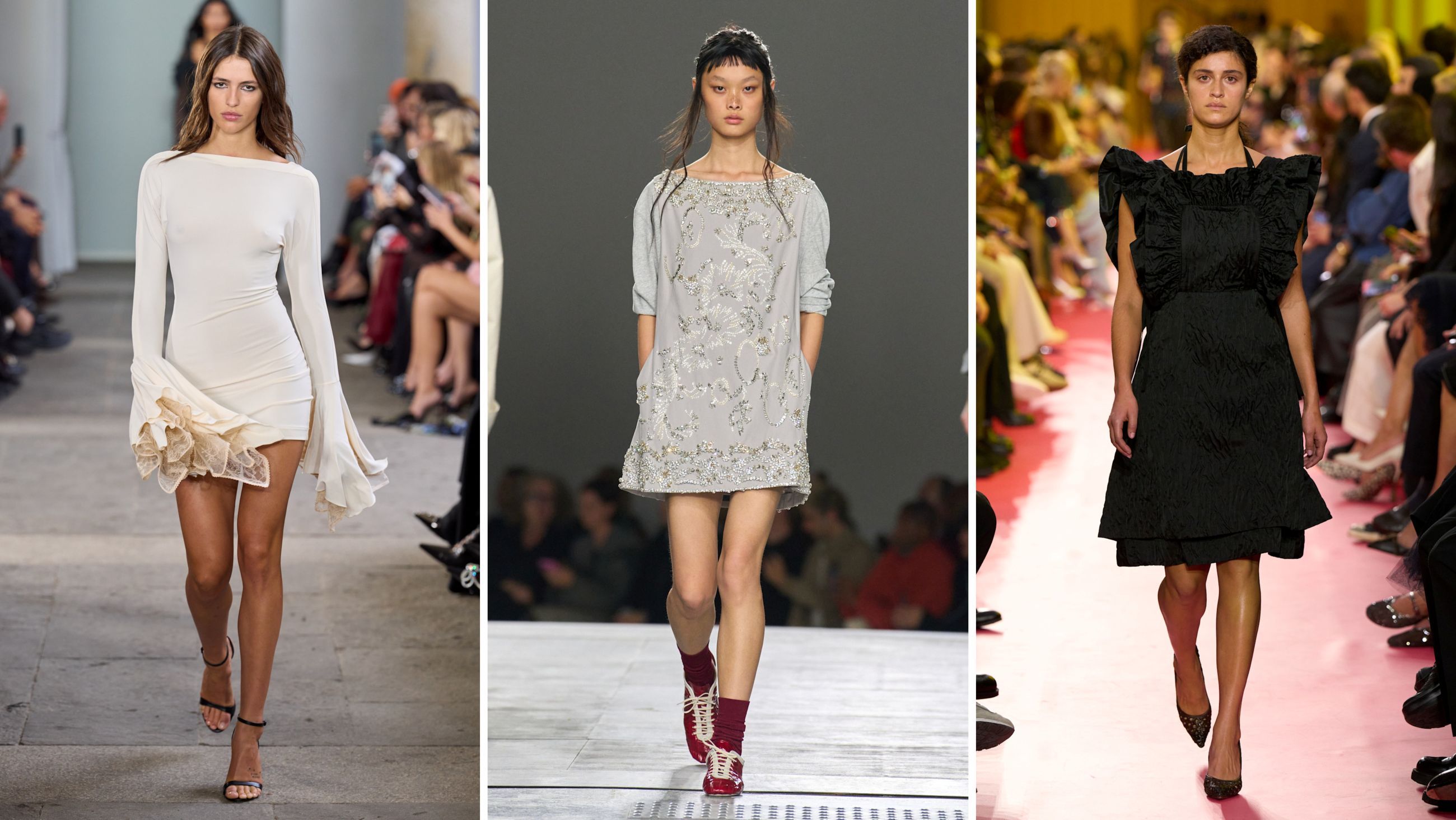 Da sinistra, mises dalle passerelle PE26 di Blumarine, Dries Van Noten e Prada - Credits: Launchmetrics.com/Spotlight