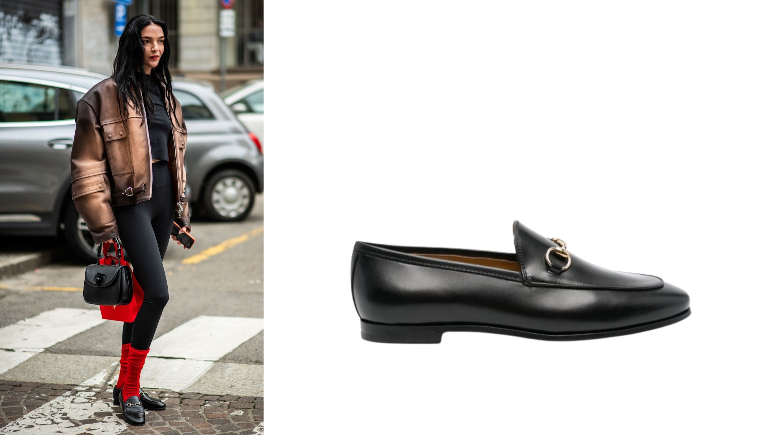 Da sinistra: street style, credits Launchmetrics.com/Spotlight; mocassino con gioiello, Gucci