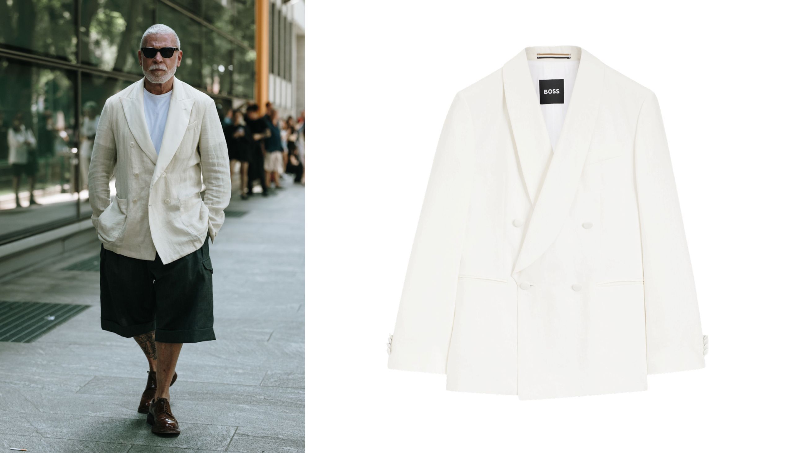 Da sinistra: Credits Launchmetrics.com/Spotlight; Blazer in twill di lino con revers a scialle, Boss