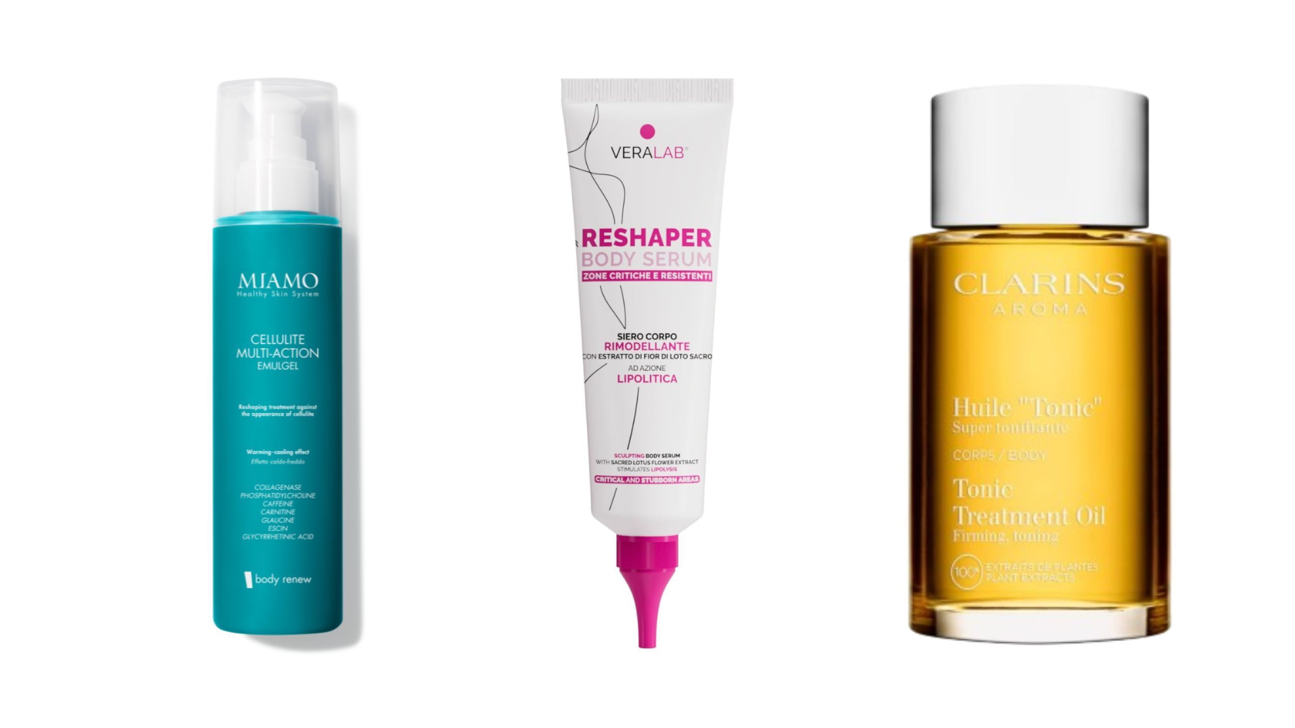 Da sinistra Miamo, Cellulite Multi-Action Emulgel; Veralab, Reshaper Body Serum; Clarins, Huile Tonique - Credits Courtesy Press Office