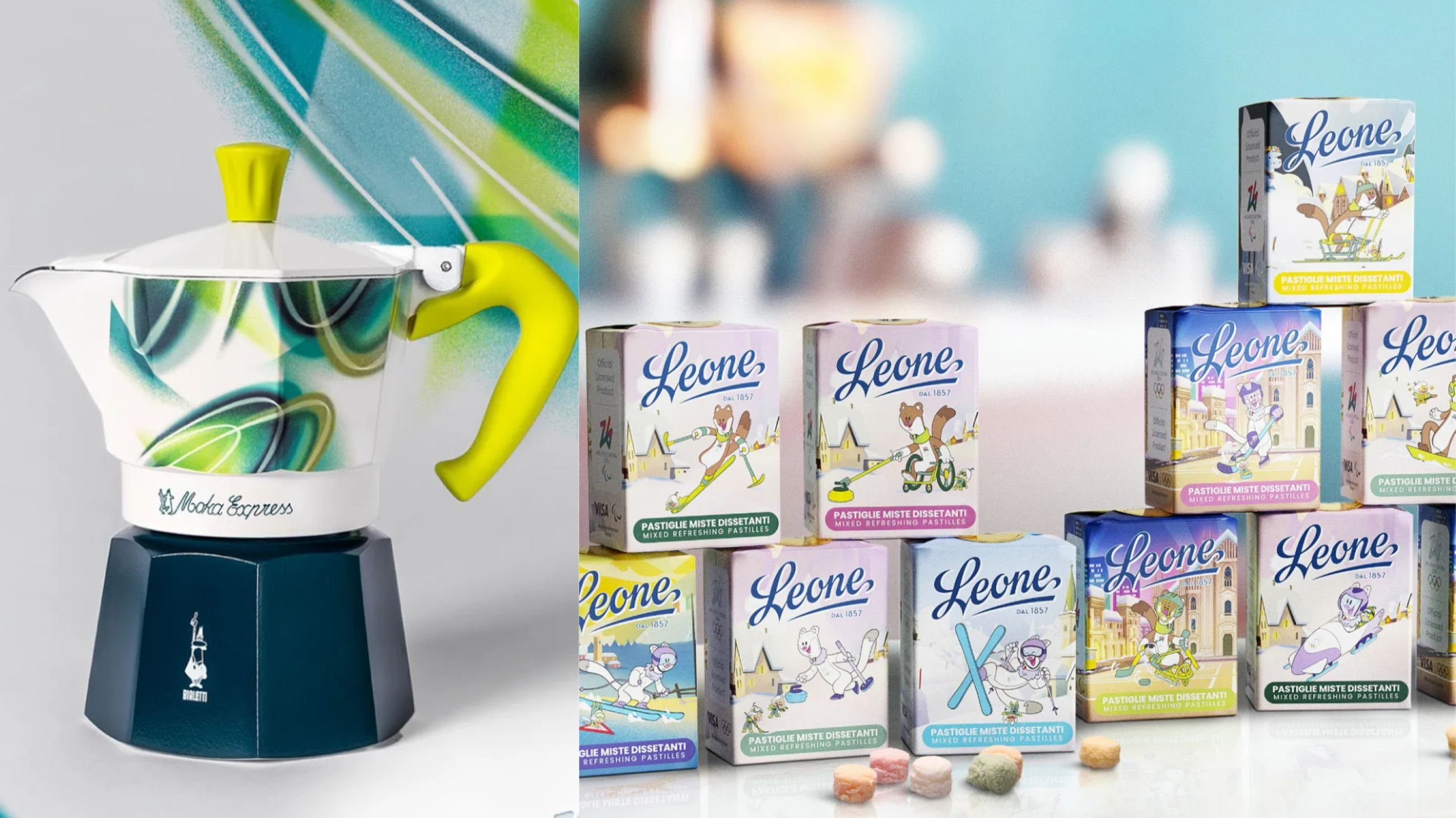 A sinistra, Moka Express da 3 tazze per Milano Cortina 2026; a destra, Leone 1857 per Milano Cortina 2026 