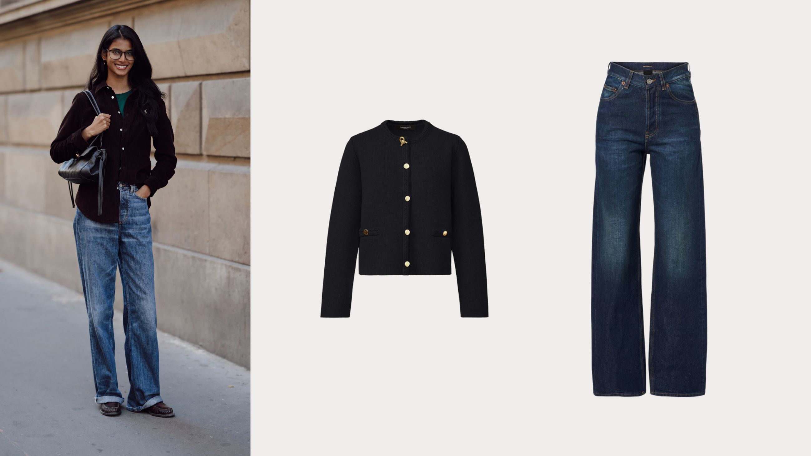 Da sinistra: Credits Getty Images; Cardigan Fabiana Filippi; Jeans Saint Laurent