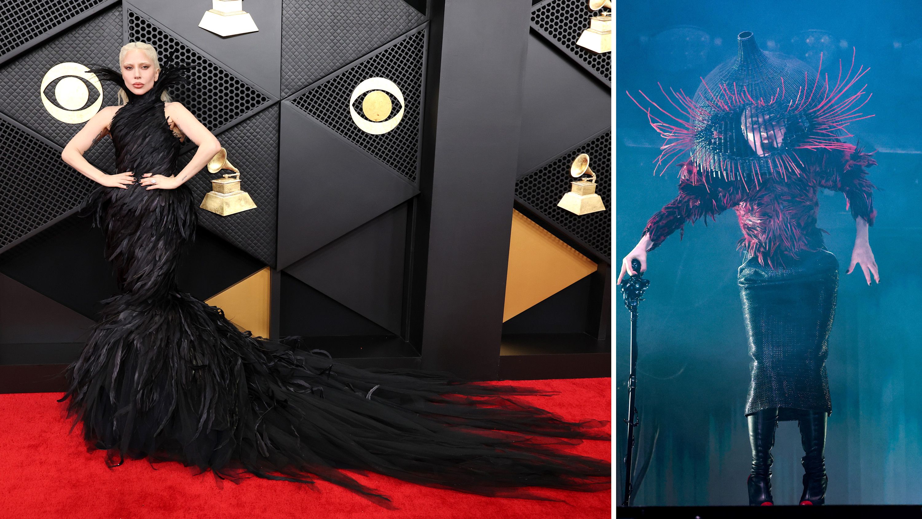 A sinistra Lady Gaga sul red carpet dei Grammy Awards, a destra il suo show, Crypto.com Arena, Los Angeles - Credits: Getty Images