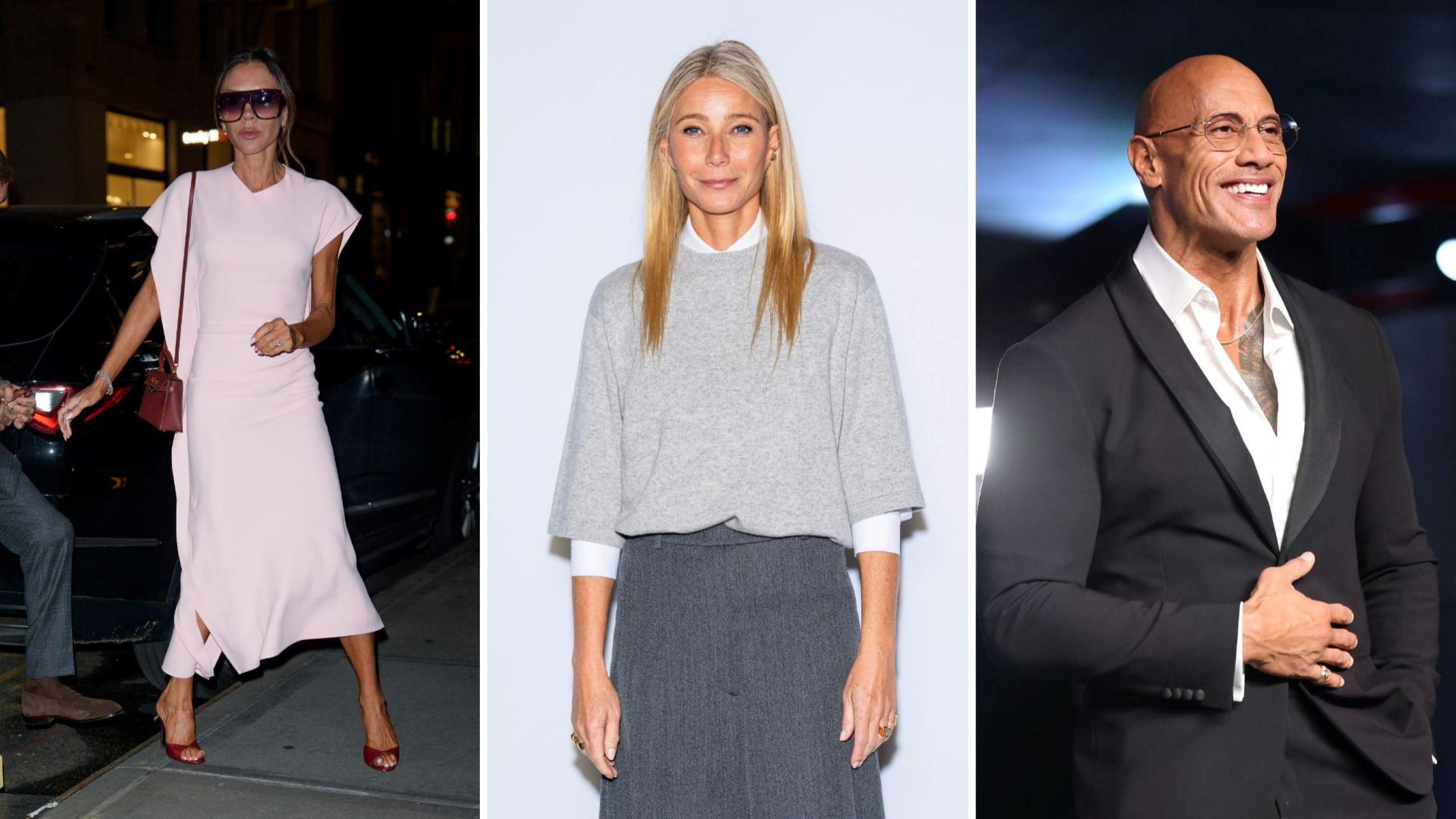 Victoria Beckham e David Beckham vengono visti il 15 ottobre 2025 a New York City; Gwyneth Paltrow partecipa alla sfilata di moda di Michael Kors durante la Settimana della Moda di New York al Terminal Warehouse l’11 settembre 2025 a New York City; Dwayne Johnson partecipa alla 5ª edizione dell’Academy Museum Gala, in collaborazione con Rolex, presso l’Academy Museum of Motion Pictures il 18 ottobre 2025 a Los Angeles, California - Credits: Getty Images