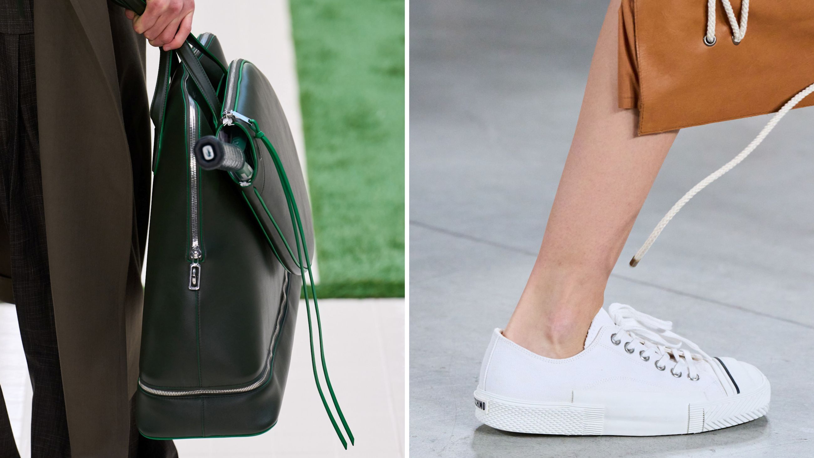 Sono i dettagli a fare la differenza. Ecco che, allora, anche gli accessori si innamorano del tennis. Dalle sfilate PE26: da sinistra, borsa Tod’s; sneakers Moschino - Credits: Launchmetrics.com/Spotlight