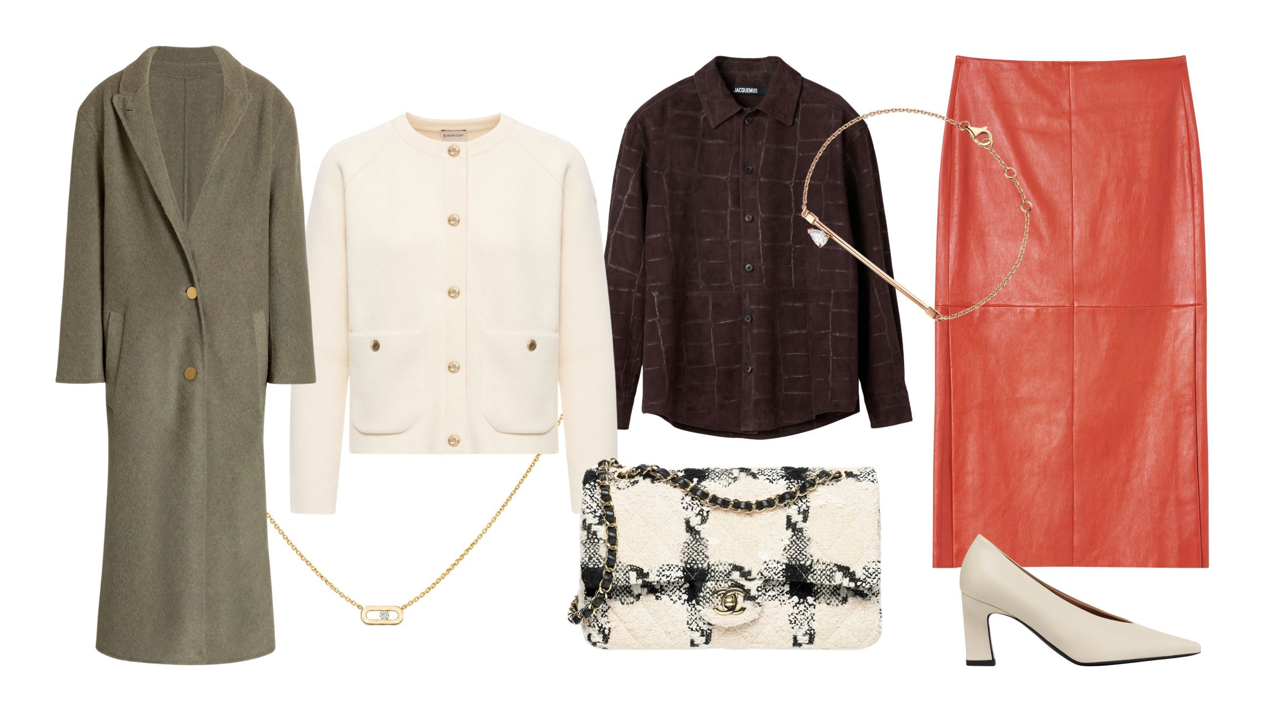 Cappotto, Alberta Ferretti; cardigan, Moncler; camicia, Jacquemus; gonna, Stouls; scarpe, Pollini; borsa, Chanel; collana, Messika; bracciale, Repossi