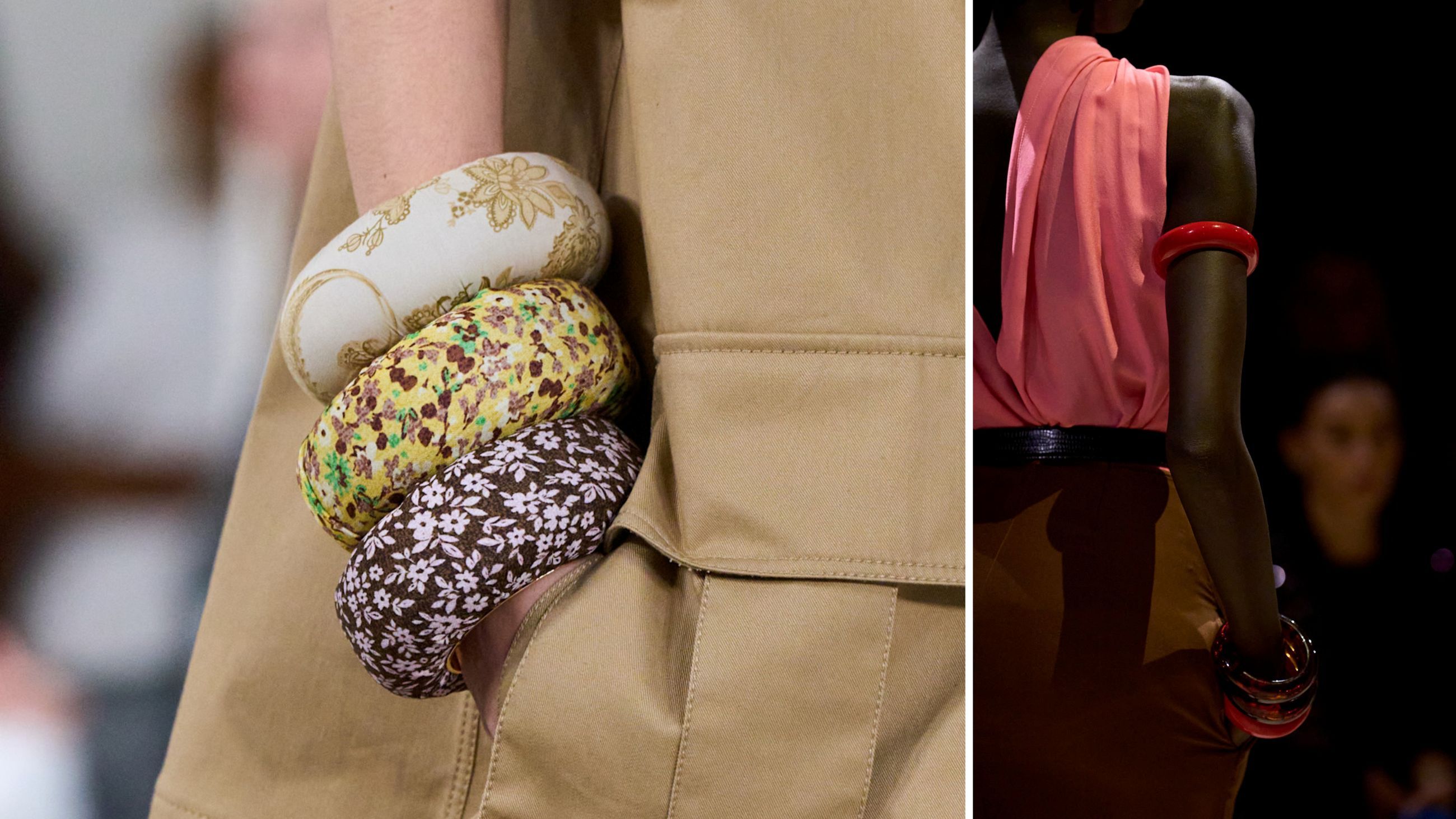 In passerella per la Primavera/Estate 2026 sfilano bijoux che omaggiano la bella stagione e la natura nei colori e nelle fantasie. Da sinistra, maxi bangle di Moschino ed Elie Saab - Credits: Launchmetrics.com/Spotlight