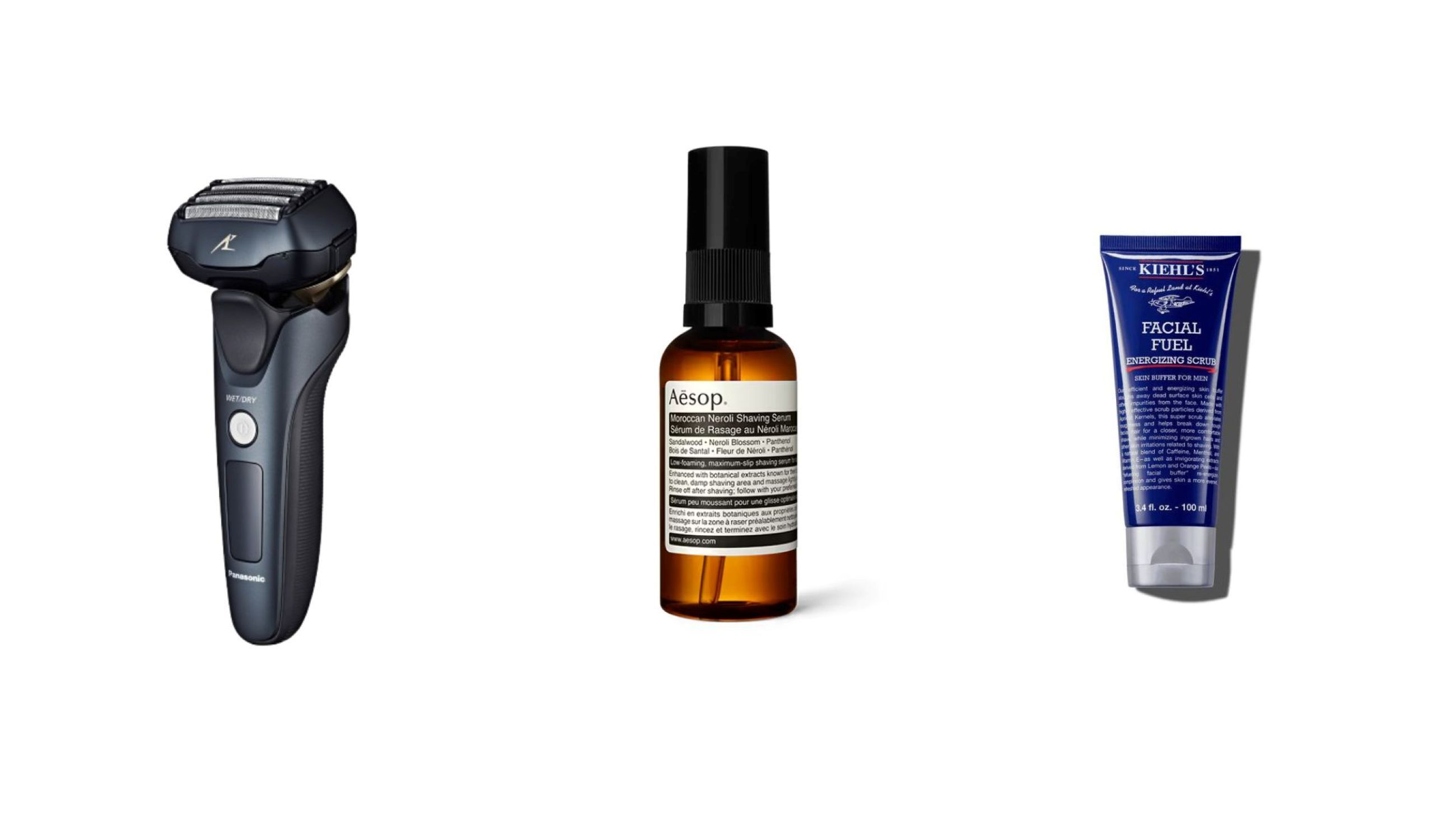 Panasonic ES-LV97; Aesop Moroccan Neroli Shaving Serum; Kiehl’s Facial Fuel Energizing Moisture Treatment
