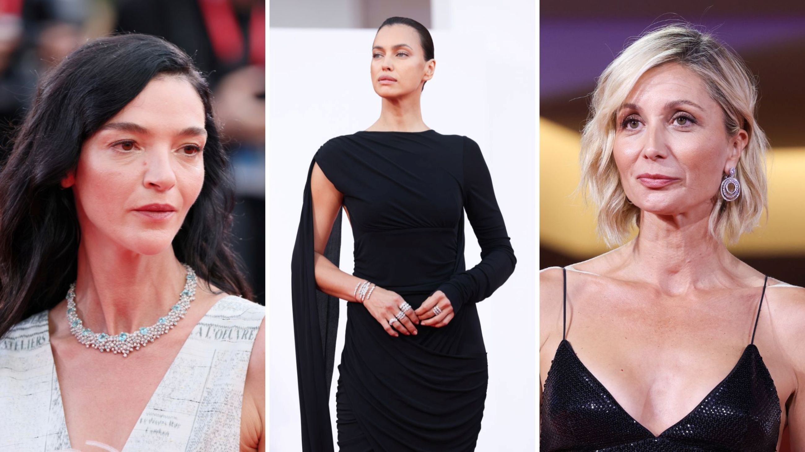 Da sinistra a destra Mariacarla Boscono, Irina Shayk e Anna Ferzetti sul red carpet di Venezia 83 - Credits: Getty Images