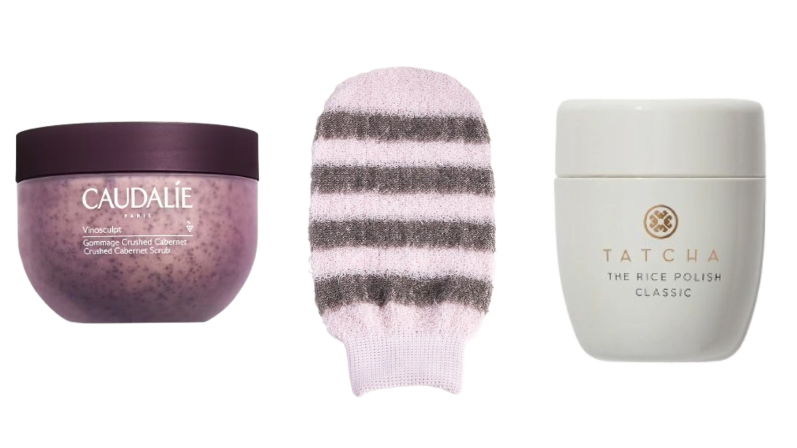 Da sinistra: Caudalíe, Vinosculpt Crushed Cabernet; Lávika, Body Glove; Tatcha, The Rice Polish - Courtesy Press Office 