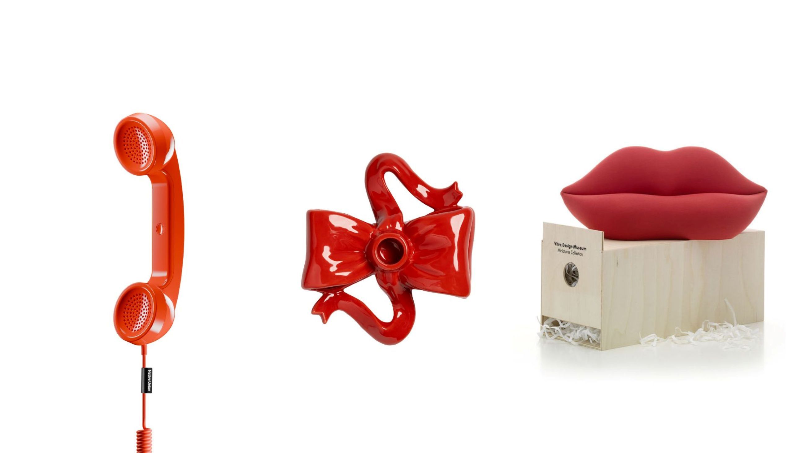 Da sinistra: POP Phone, Native Union per Moroni Gomma. Courtesy Moroni Gomma; Portacandela, &Klevering. Courtesy &Klevering; Mini Bocca, Vitra Design Museum - Courtesy Vitra Design Museum 