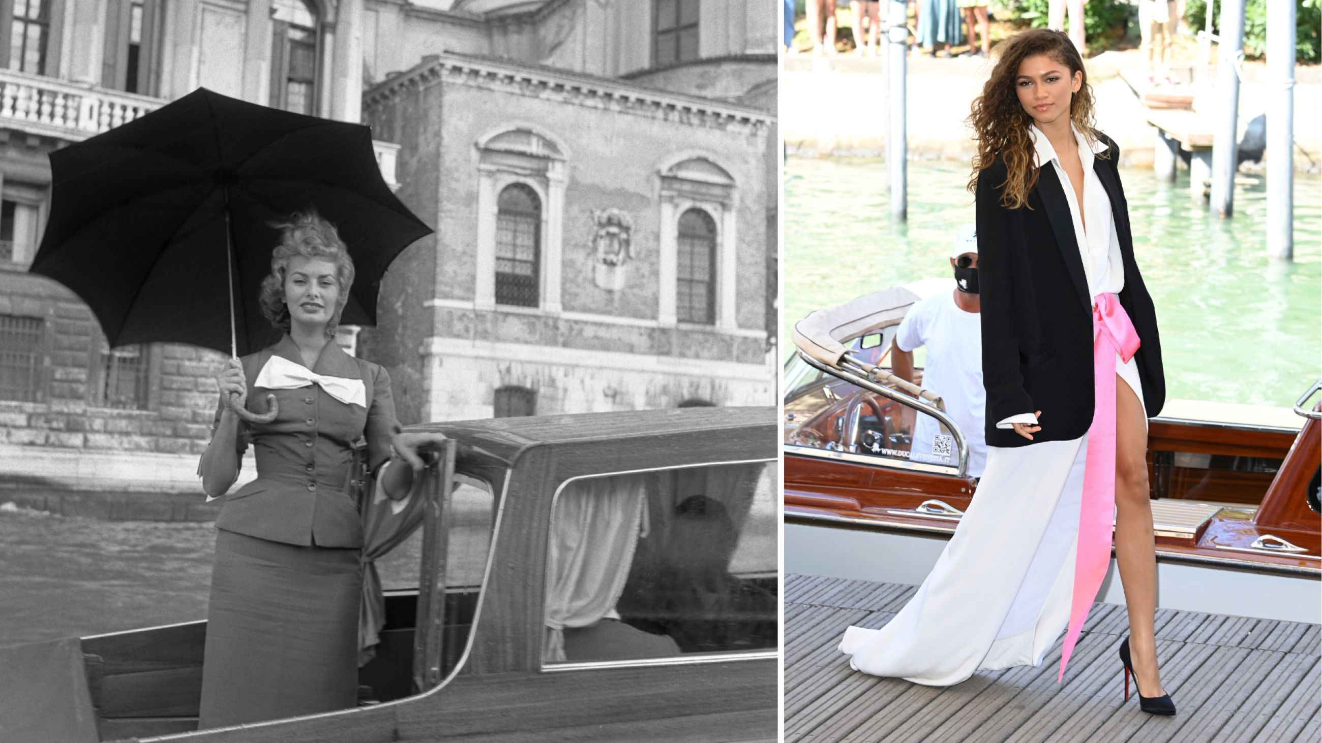 L'attrice italiana Sophia Loren, in tailleur con fiocco, regge un ombrello per via della pioggia mentre si dirige verso il lido di Venezia, nel 1955 Vs l’attrice statunitense Zendaya nel 2021 all’arrivo in laguna in Valentino Haute Couture, che rivisita lo smoking alla Yves Saint Laurent - Credits Getty Images 