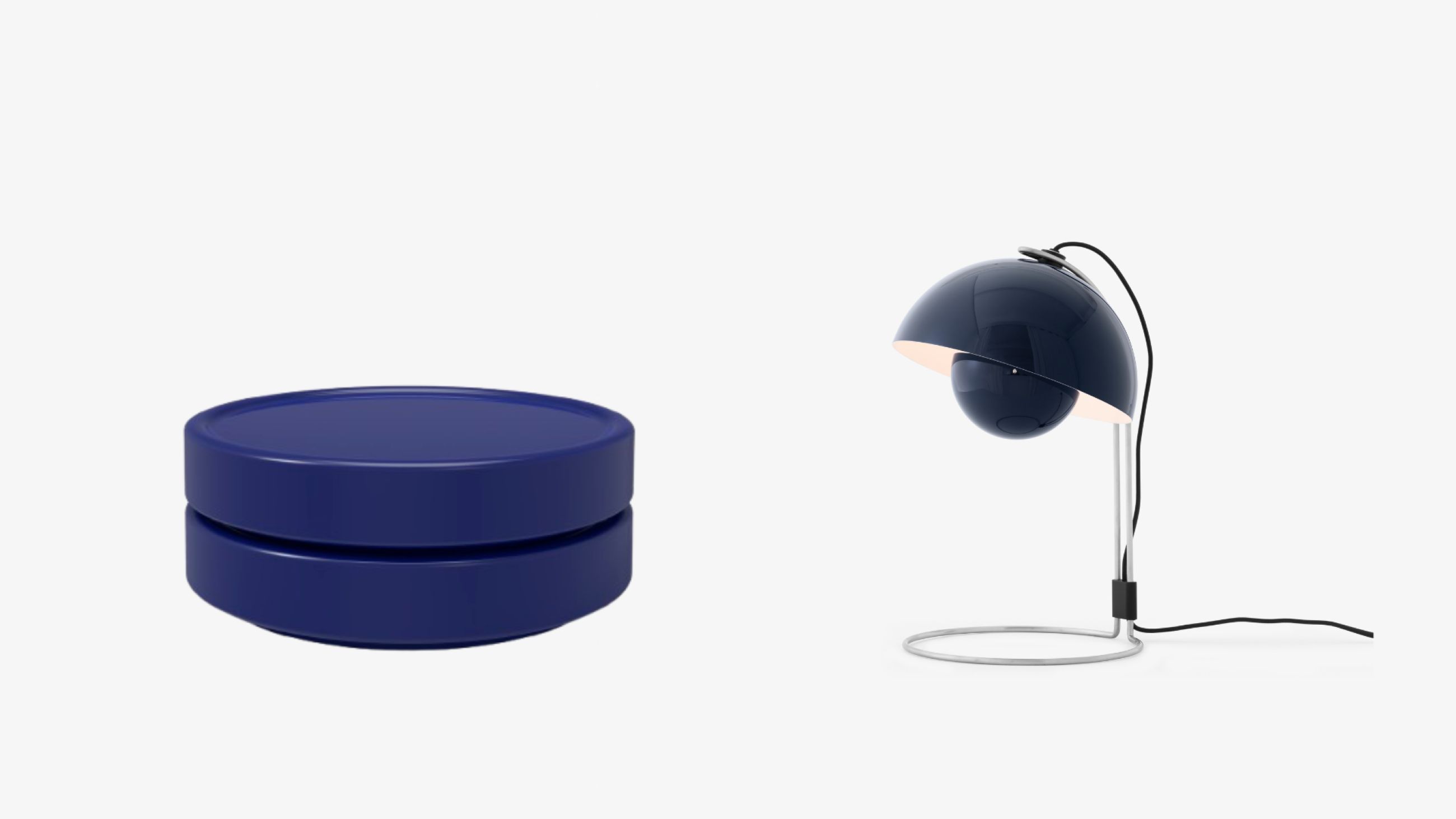 Da sinistra: Tavolino Stack, Billiani - Courtesy Billiani; Lampada Flowerpot Steel Blue, &Tradition - Courtesy &Tradition 
