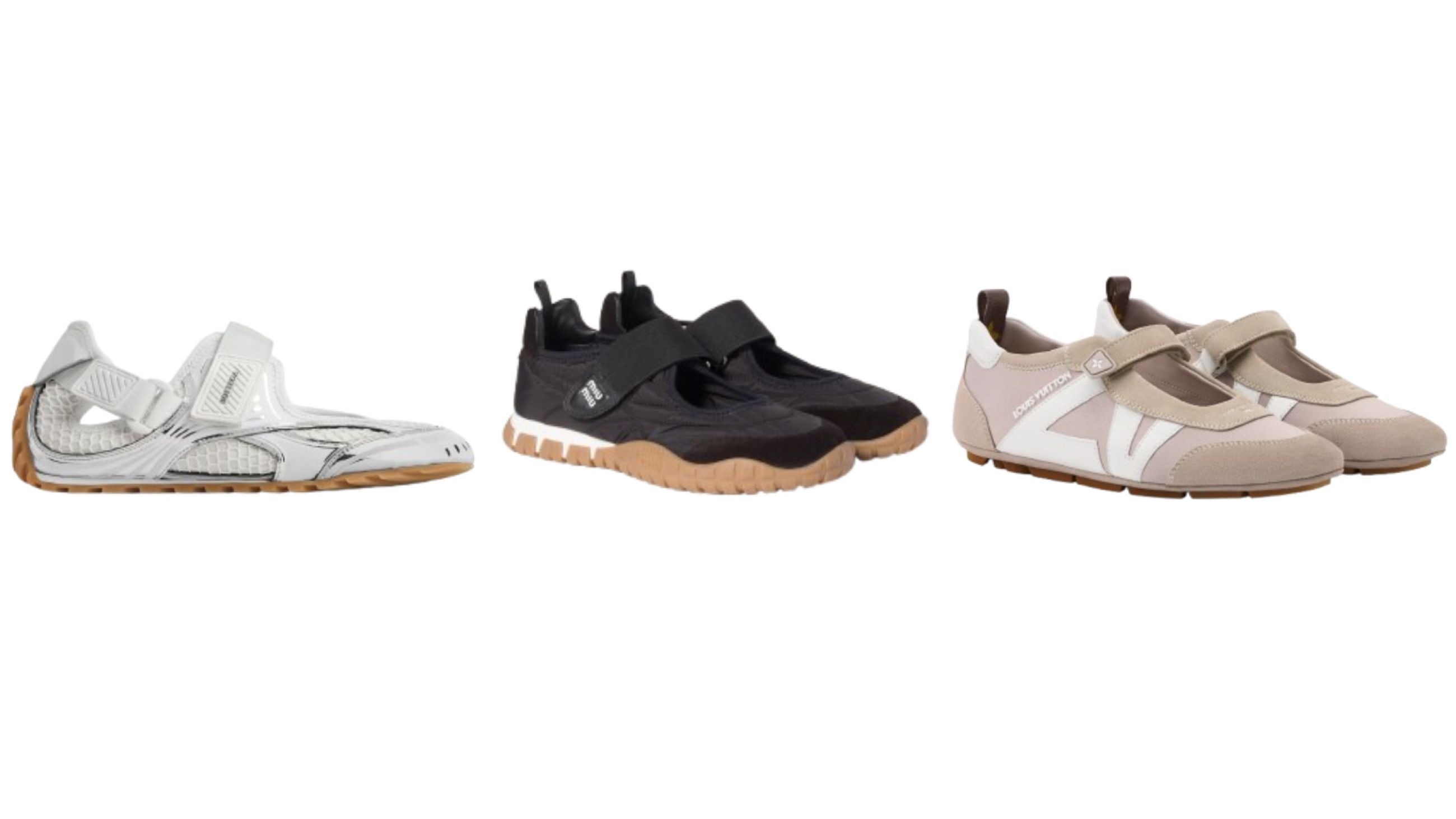 Da sinistra: Sneaker Ballerine Bottega Veneta; Sneakers Ballerina Miu Miu; Sneaker Ballerine Louis Vuitton - Credits Press Office