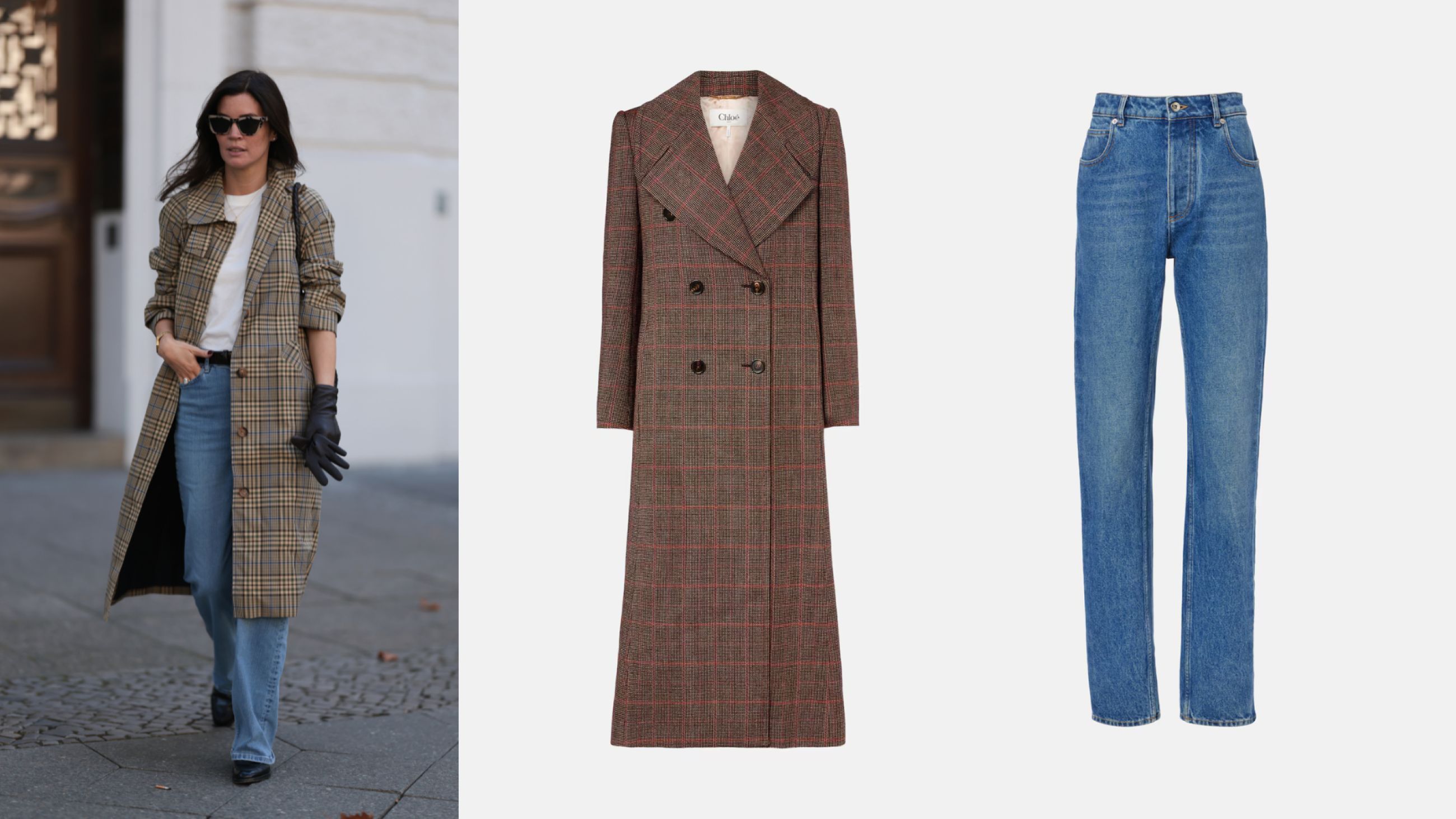 Da sinistra: Credits Getty Images; Cappotto Chloé; Jeans Bottega Veneta 