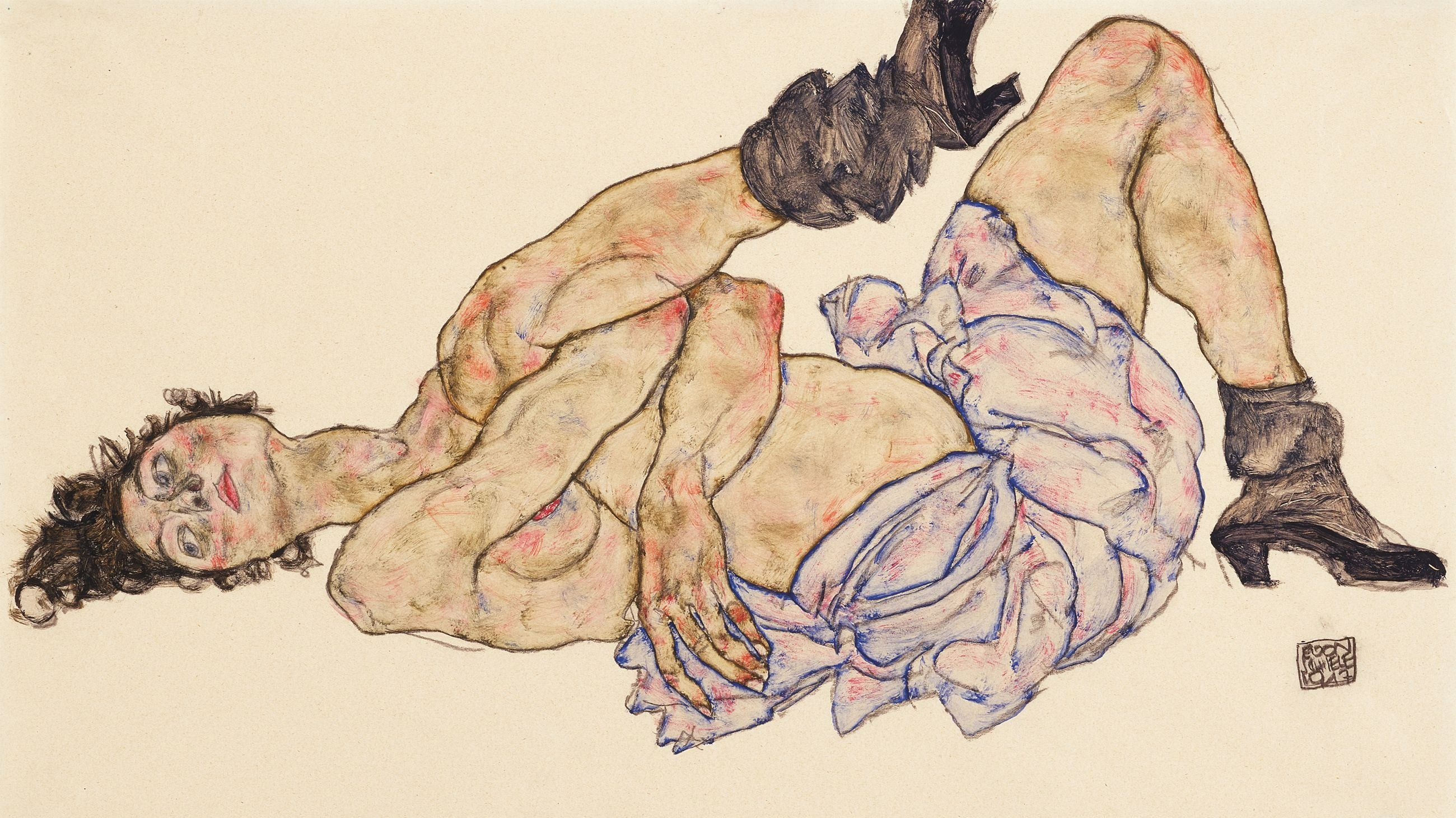 Nudo femminile sdraiato, 1917. Opera conservata nella collezione della Moravská galerie di Brno. Autore: Schiele, Egon (1890-1918) - Credits Getty Images