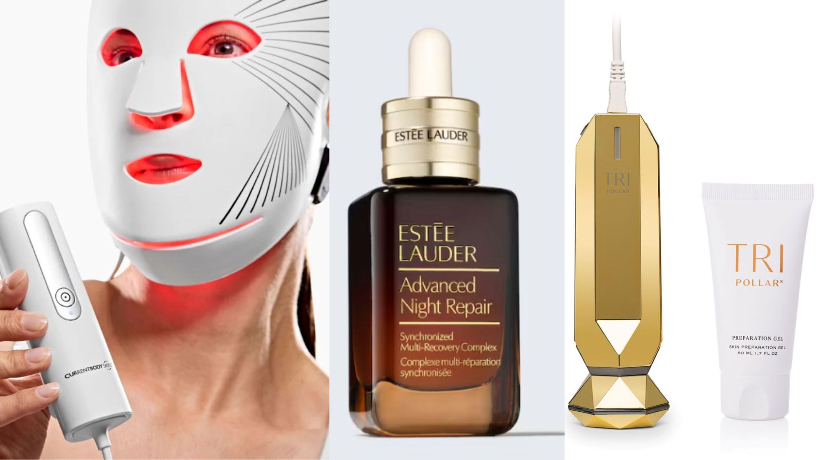 Da sinistra verso destra: CurrentBody Skin LED Mask; Tripollar Stop VX Gold; L’Estée Lauder Advanced Night Repair 