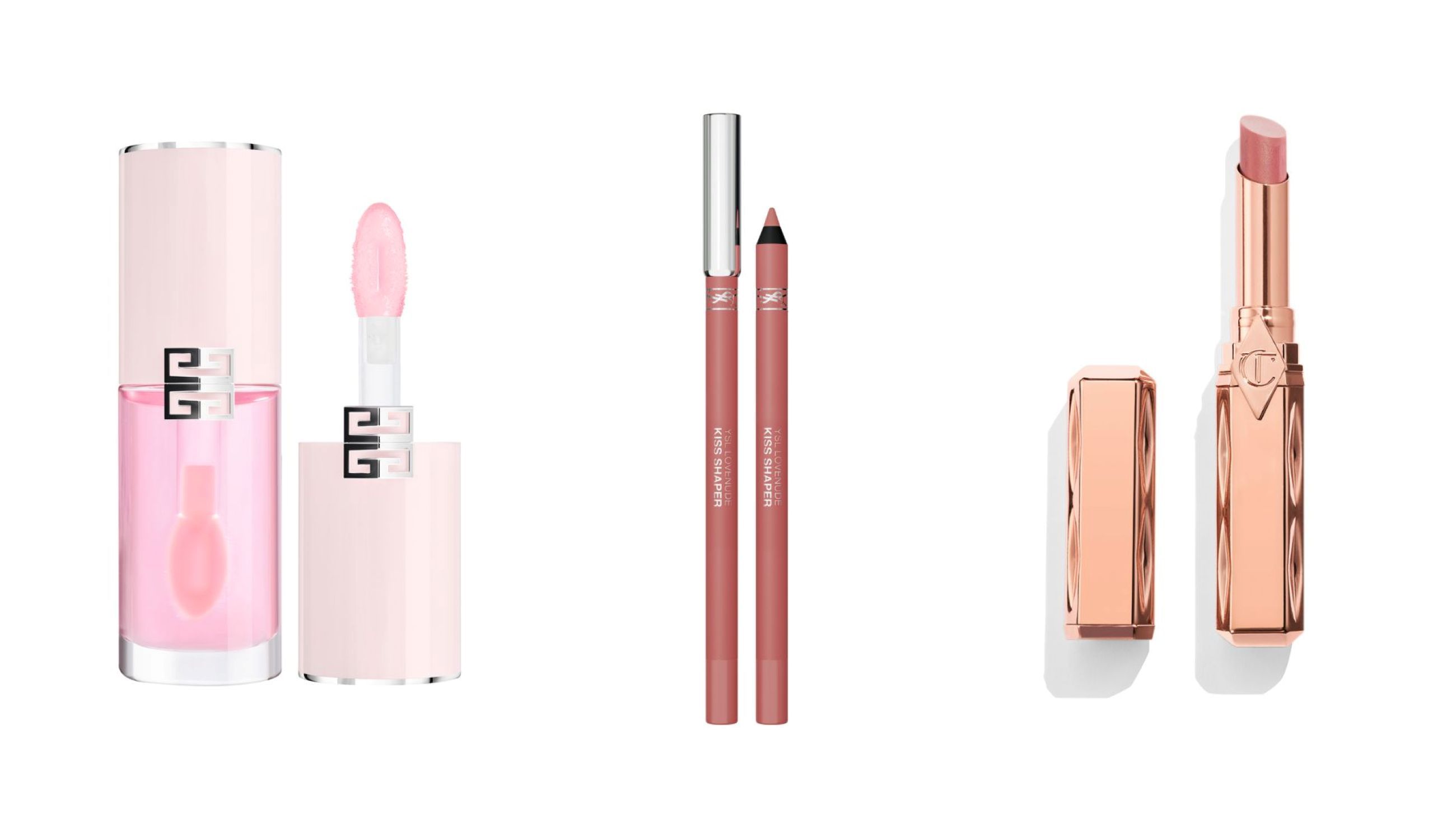 Givenchy, Perfecto Serum Lip Oil; YSL Beauty, Lovenude Kiss Shaper; Charlotte Tilbury, Pillow Talk Blush Balm Lip Tint - Credits: Courtesy Press Office