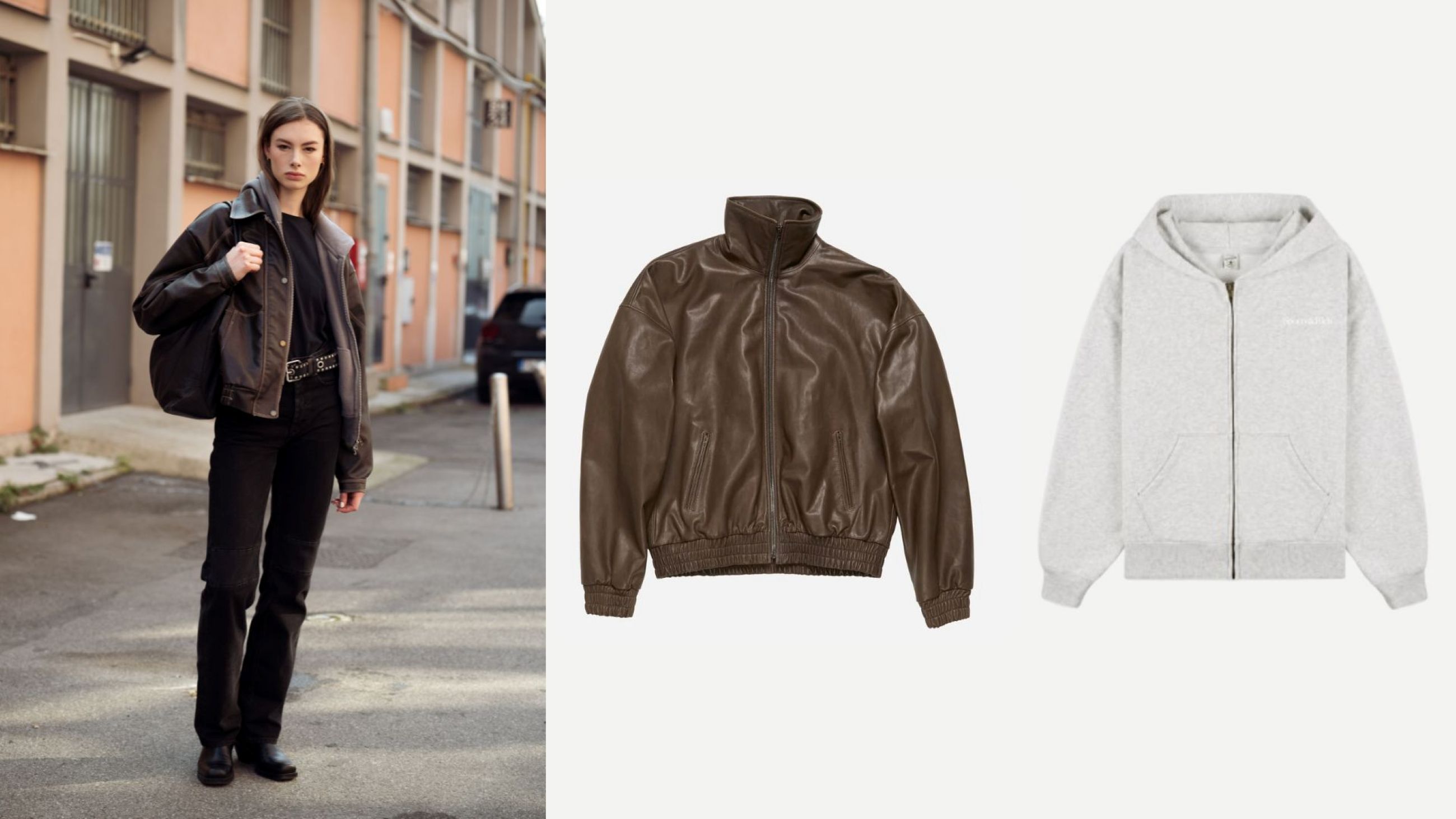 Street Style; blouson dark brown Acne Studios e felpa grigia con zip Sporty & Rich - Credits: Getty Images; Courtesy Press Office