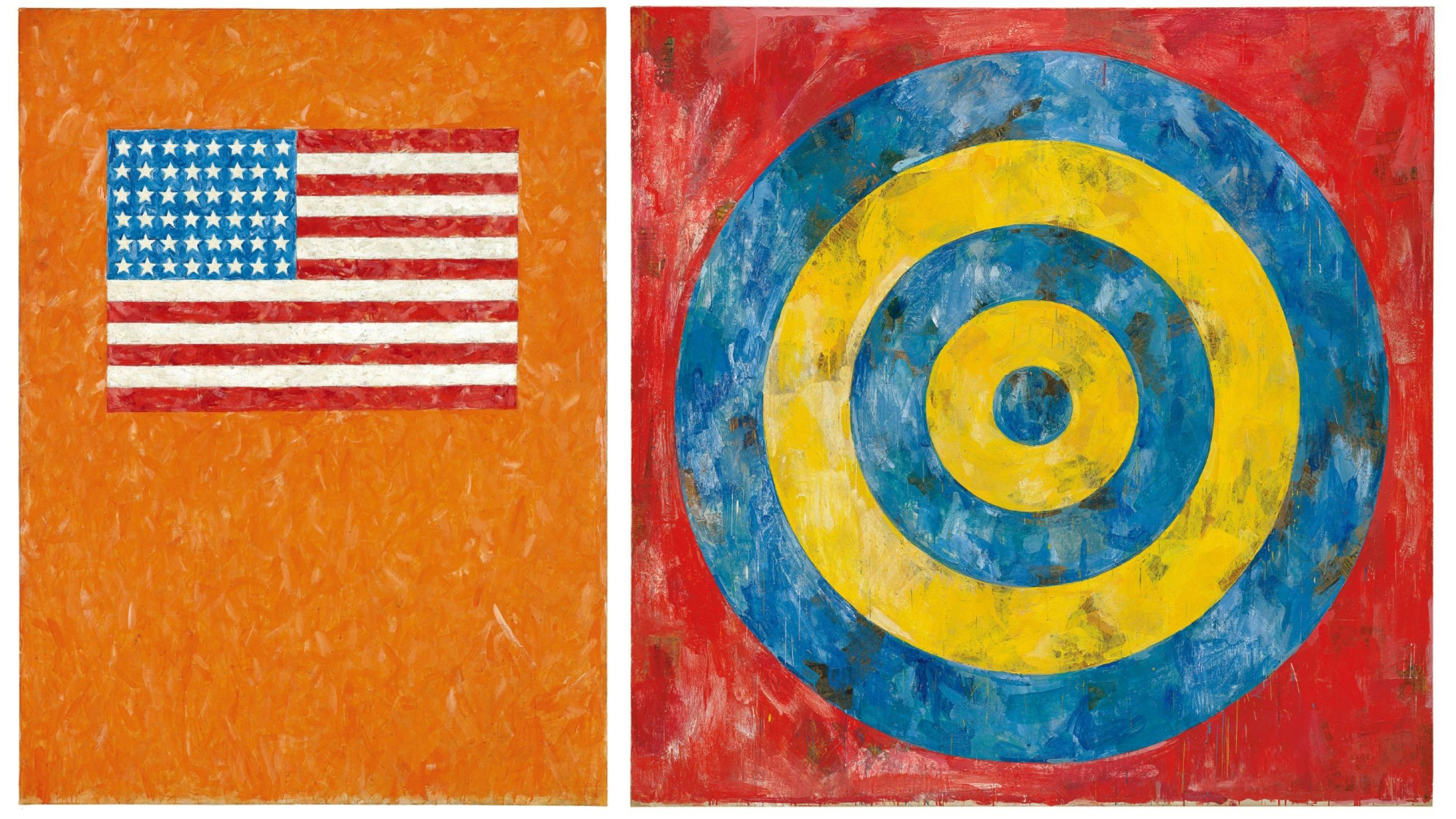Da sinistra: Jasper Johns, Flag on Orange Field, 1957. Encaustic on canvas 167.6 x 123.8 cm. Museum Ludwig, Cologne. Gift, Ludwig Collection, 1976 © Jasper Johns, VEGAP, Bilbao, 2026; Jasper Johns,Target, 1961. Encaustic and collage on canvas 167.6 x 167.6 cm. The Art Institute of Chicago. Gift of the Edlis Neeson Collection © Jasper Johns, VEGAP, Bilbao, 2026