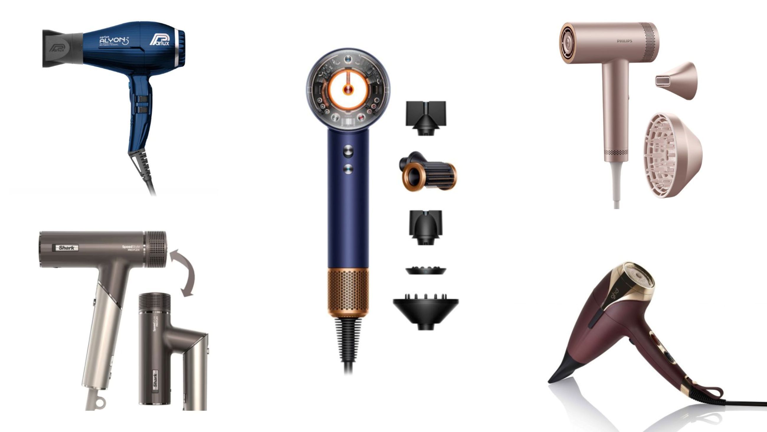 Da sinistra verso destra: Parlux Alyon; Shark SpeedStyle; Dyson Supersonic Nural; Philips 8000 Series; Ghd Helios 