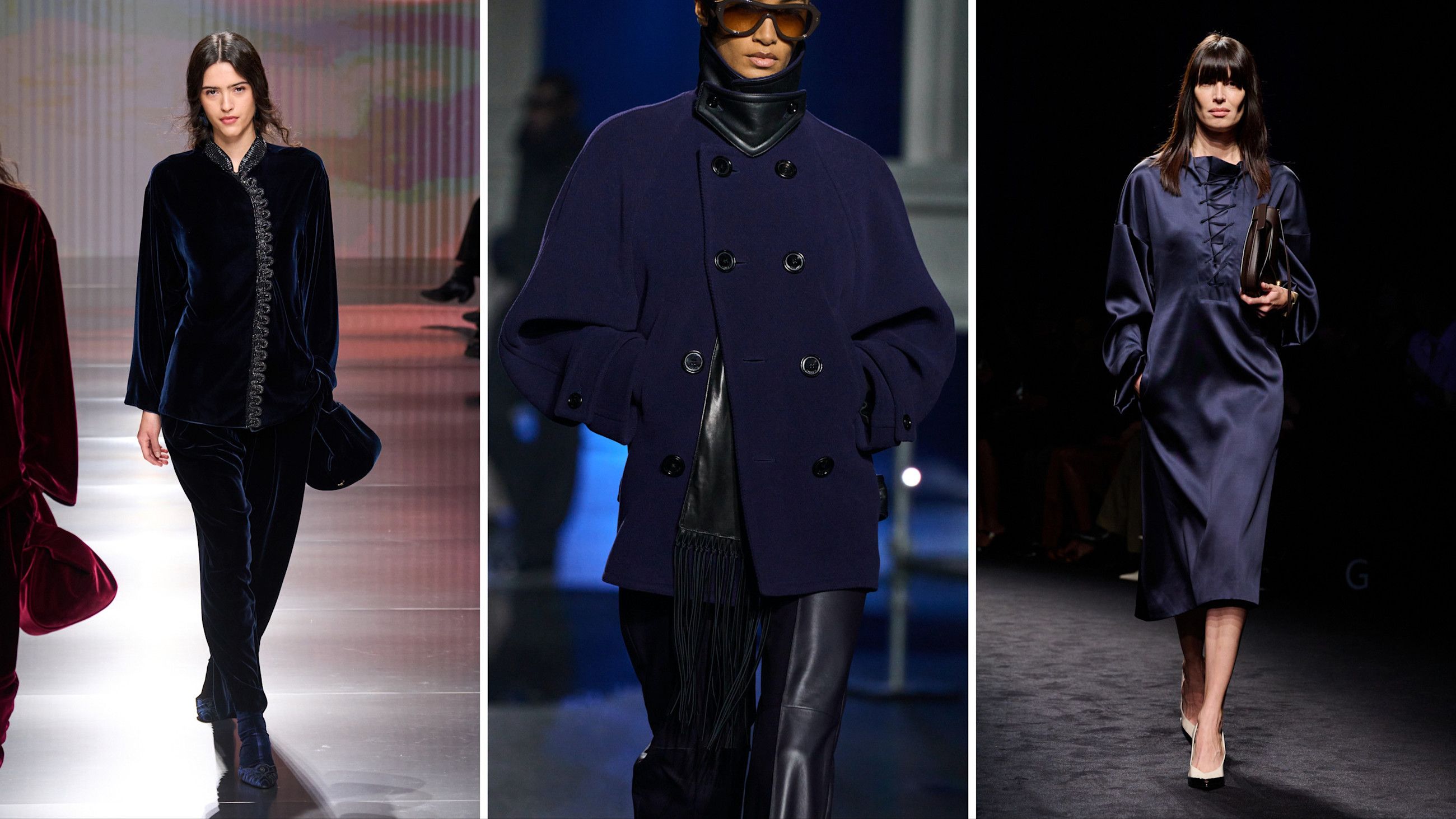 Dalle sfilate FW26: da sinistra Giorgio Armani; Burberry; Ferragamo - Credits: Launchmetrics.com/Spotlight