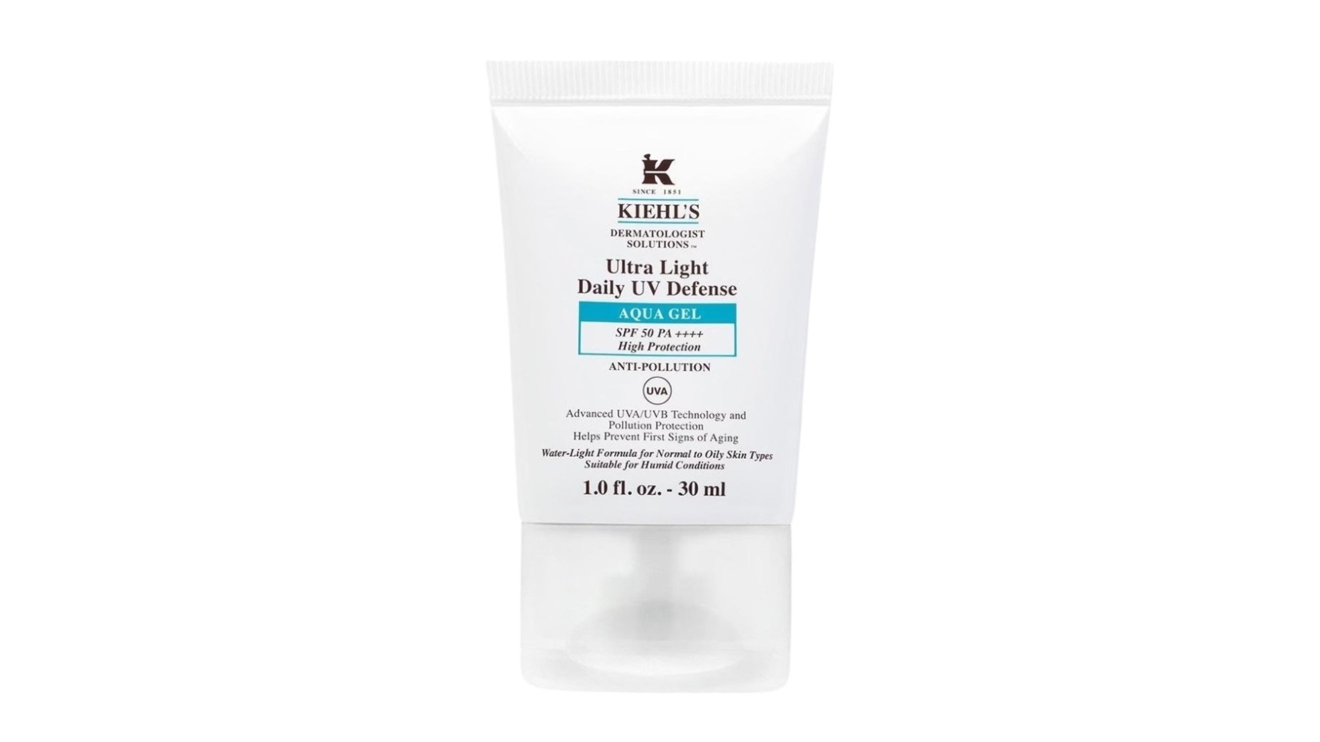 Kiehl’s, Ultra Light Daily UV Defense Aqua Gel Spf50 
Credit: Courtesy Press Office
