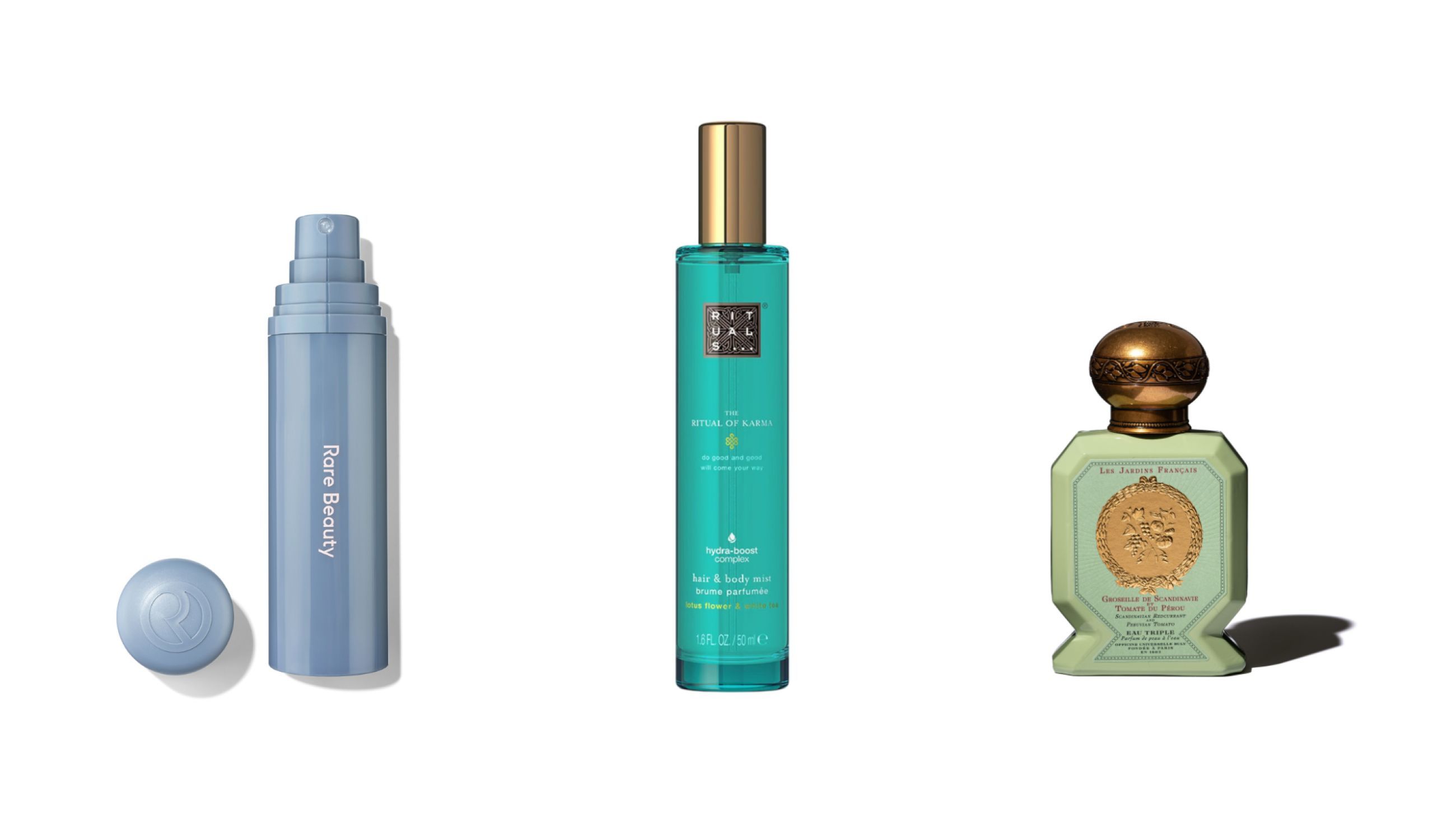 Da sinistra: Rare Beauty, Find Comfort Body & Hair Mist ; Rituals, The Ritual of Karma Body Mist; Officine Universelle Buly, Acqua Profumata Ribes Scandinavo e Pomodoro del Perù - Courtesy Press Office