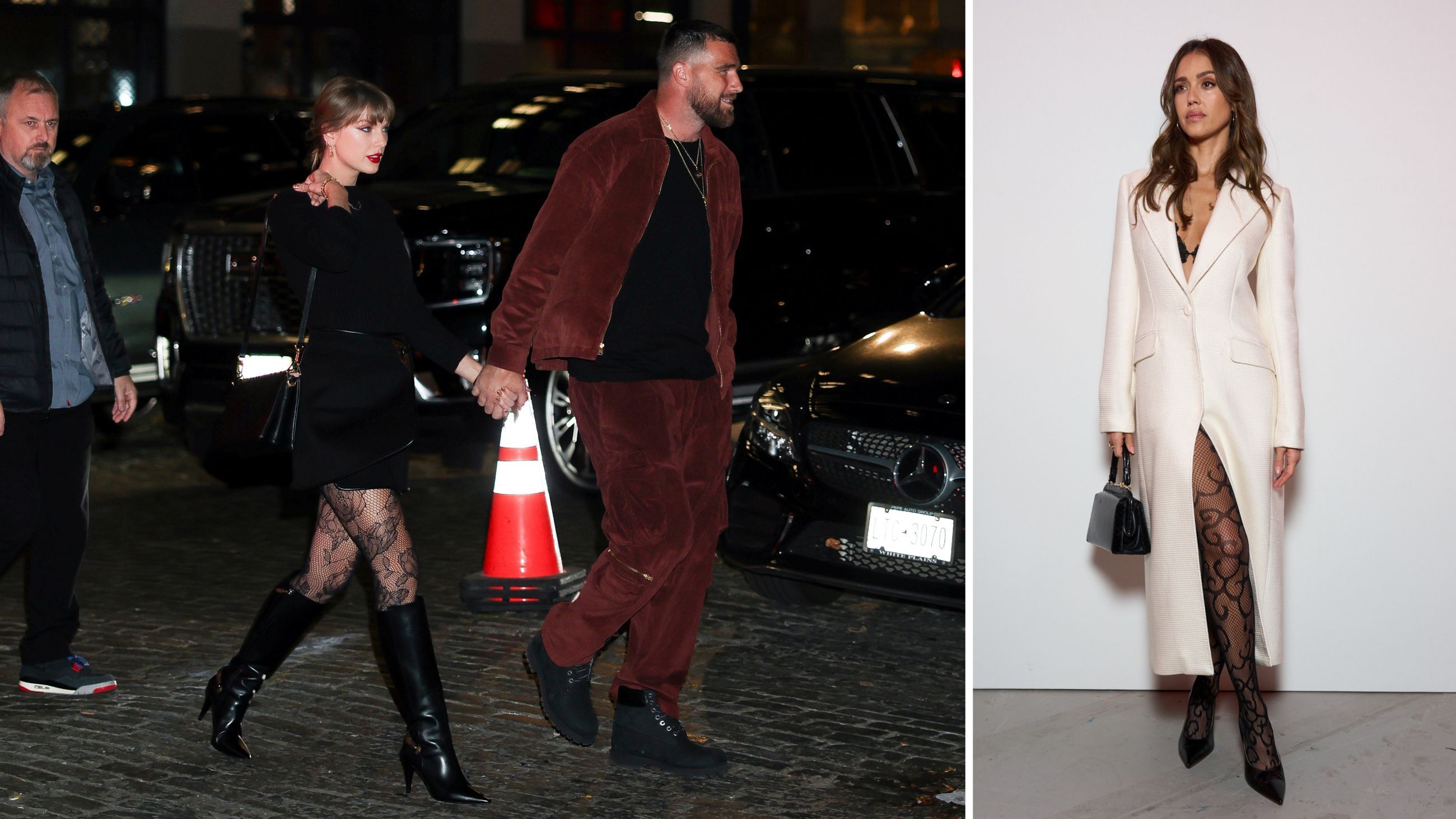 A sinistra, la cantante Taylor Swift insieme al fidanzato Travis Kelce a New York il 7 novembre 2025 - Credits: Getty; A destra, l’attrice Jessica Alba ospite alla sfilata di Gabriela Hearst FW2526 il 10 marzo 2025 - Credits: Launchmetrics.com/Spotlight
